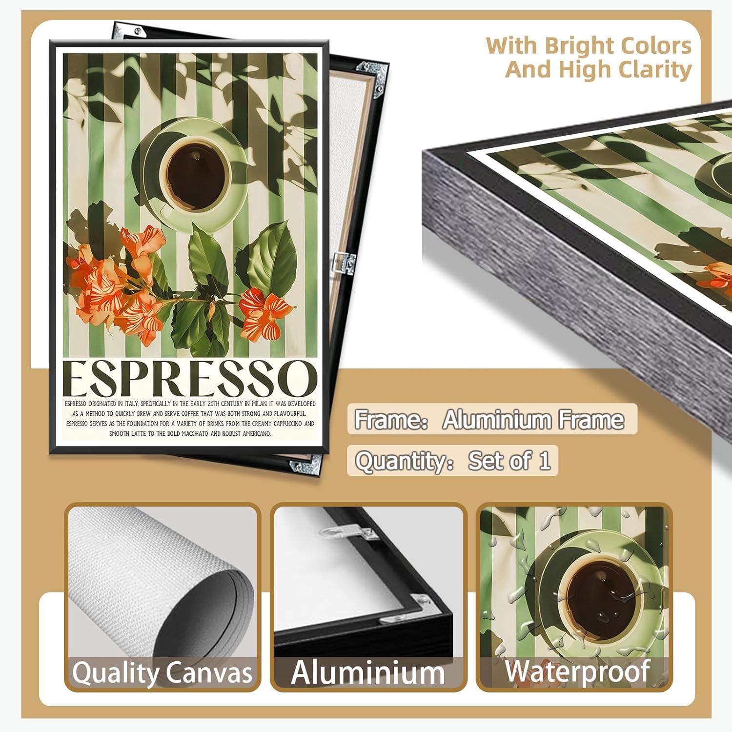 Funny Espresso Coffee Poster Trendy Kitchen Canvas Wall Art Green Coffee Cup On Table Floral Aesthetic Prints Painting For Living Room Kitchen Cafe Bar Wall Decor 12x16in Framed