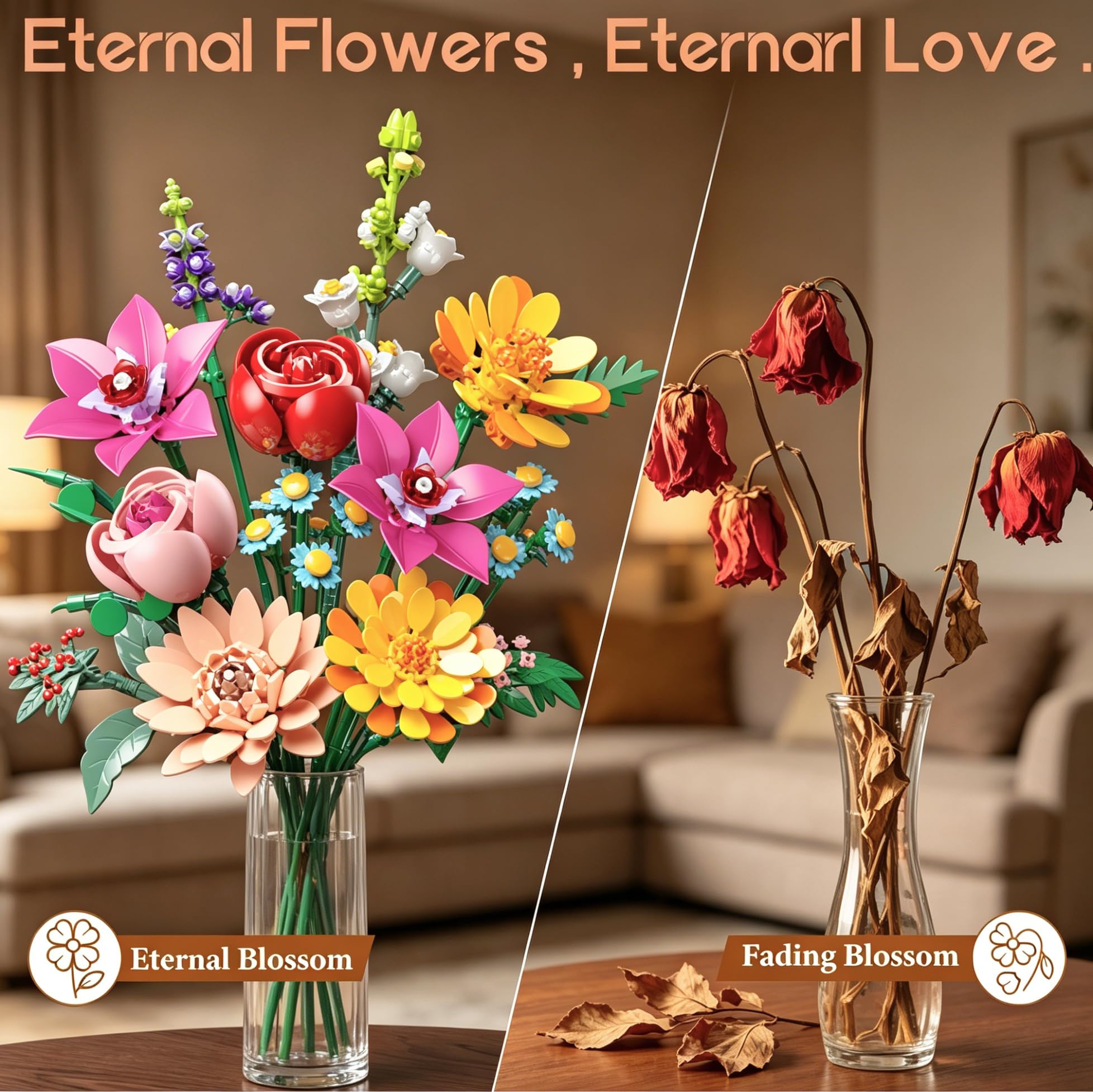 Kit de Construcción de Ramo de Flores, 887 Pcs Flores Eternas con Flowers Roses, Regalo Romántico o Decoración Duradera Ideal para Mujeres, Niños 6+, Adultos Navidad, Cumpleaños, San Valentín