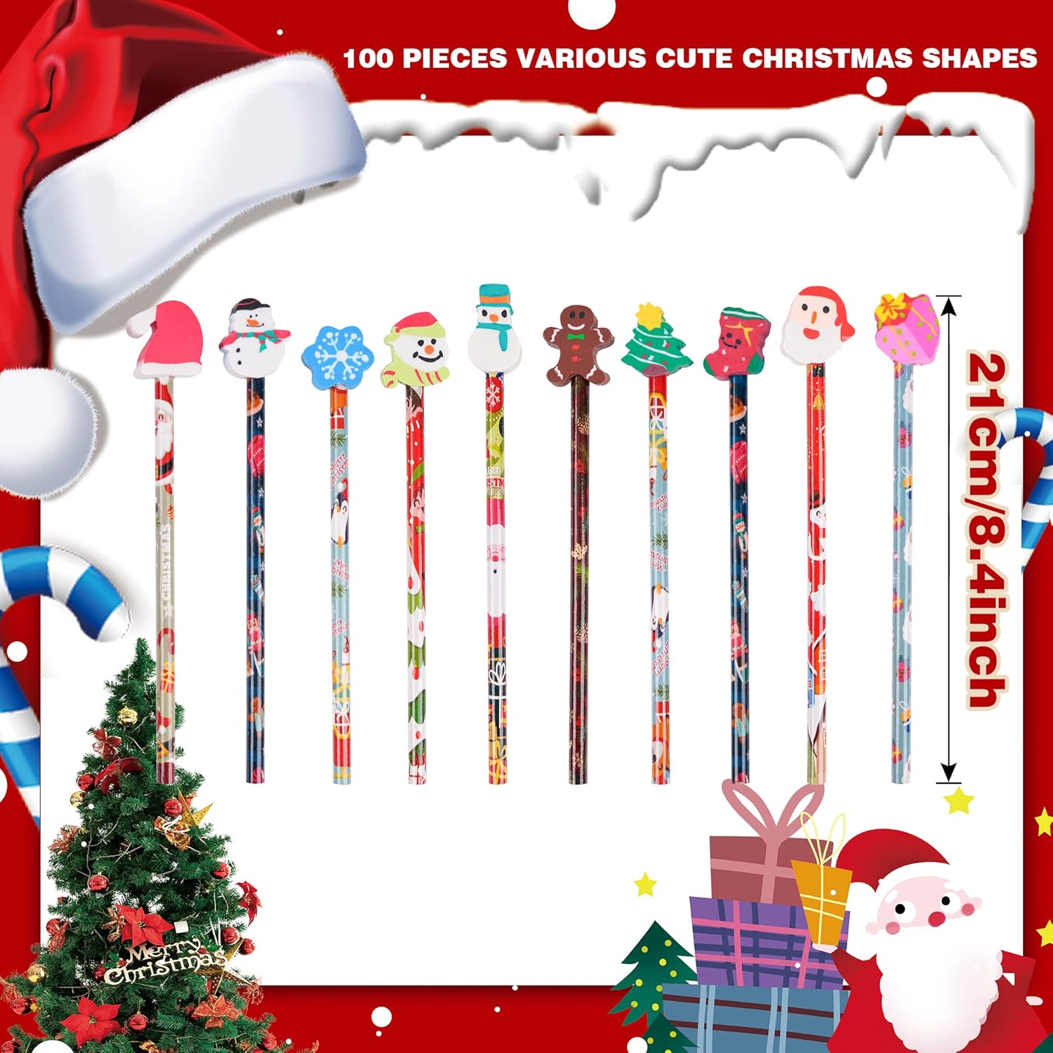 SAIWEILAI ONLINE 100 Pieces Christmas Pencils Elk Snowflake Wood Pencils with Giant Snowman Xmas Tree Eraser Assortment Christmas Stationery Pencil for Christmas Supplies