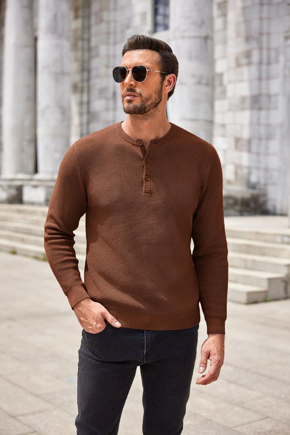 COOFANDY Men's Henley Knit Sweater Long Sleeve Button Pullover Sweater Casual Waffle Texture Fashion Henley Sweater