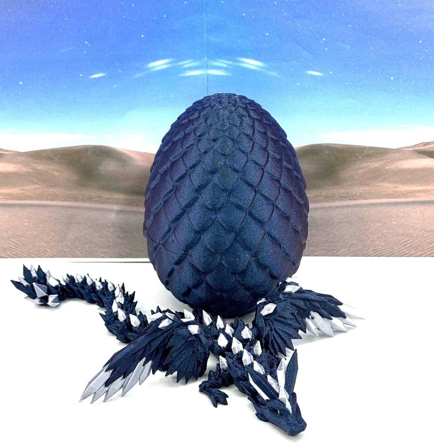 Crystal Winged Dragon with Egg, 3D Printed Articulated Midnight Blue Winged Dragon, Fidget ADHD Autism Toy CW009