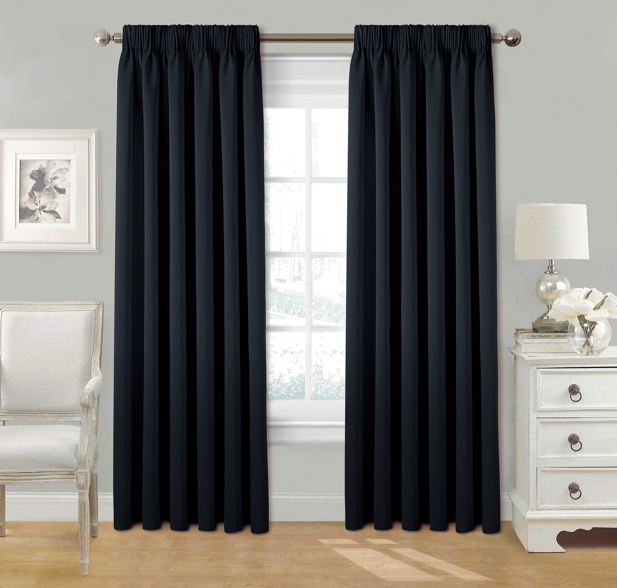 Stylemybedroom Black Pair Pencil Pleat Tape Top Plain Thermal Out Lined Curtains With Tie Backs 66" X 72"