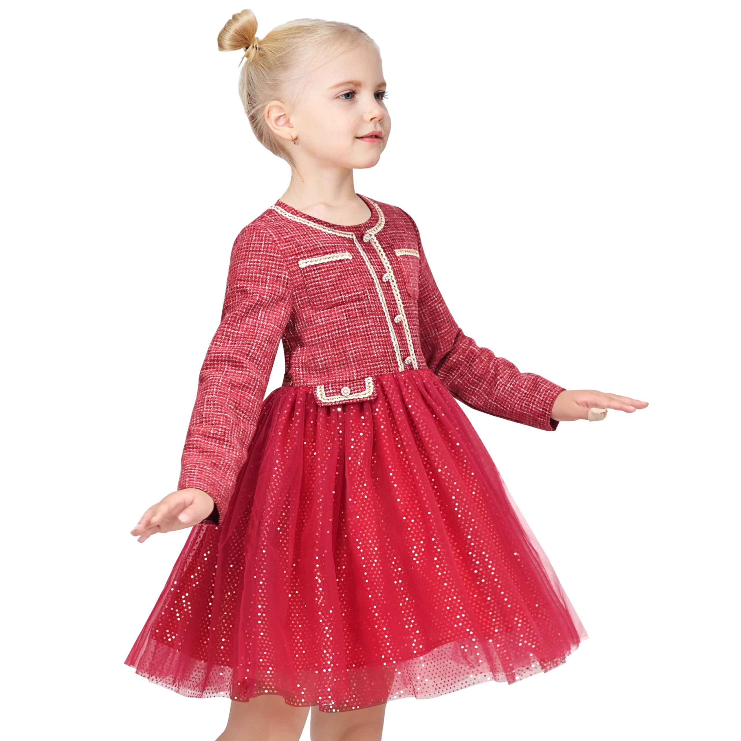Sunny Fashion Vestito Bambina Beige Crema con Cuore e Farfalla in Paillettes Gonna in Tulle Maniche Lunghe