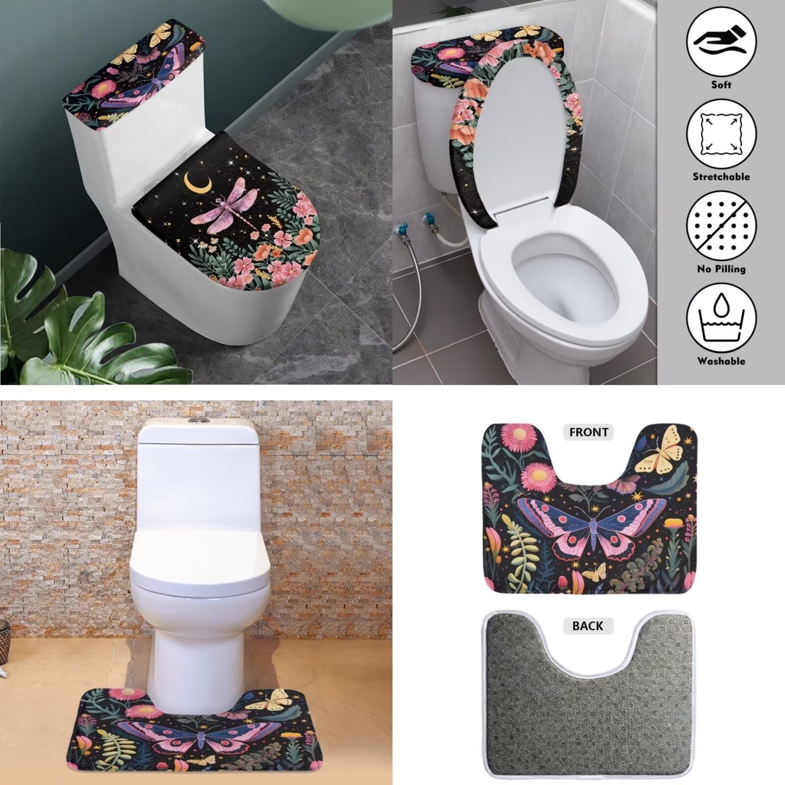 ZDCUSTOM Butterfly Dragonfly Flower Toilet Covers & Contour Rug 3-Piece Set, Soft Toilet Tank Cover + Absorbent U-Shape Contour Mat+ Toilet Lid Cover