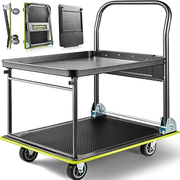 Heavy Duty Push Cart Dolly 700 lbs, Foldable Platform Hand Truck Made with High-Strength Steel, 2 Tier Design, Moving Flatbed Cart with Wheels for Warehouse, Garage, Workshop, Office