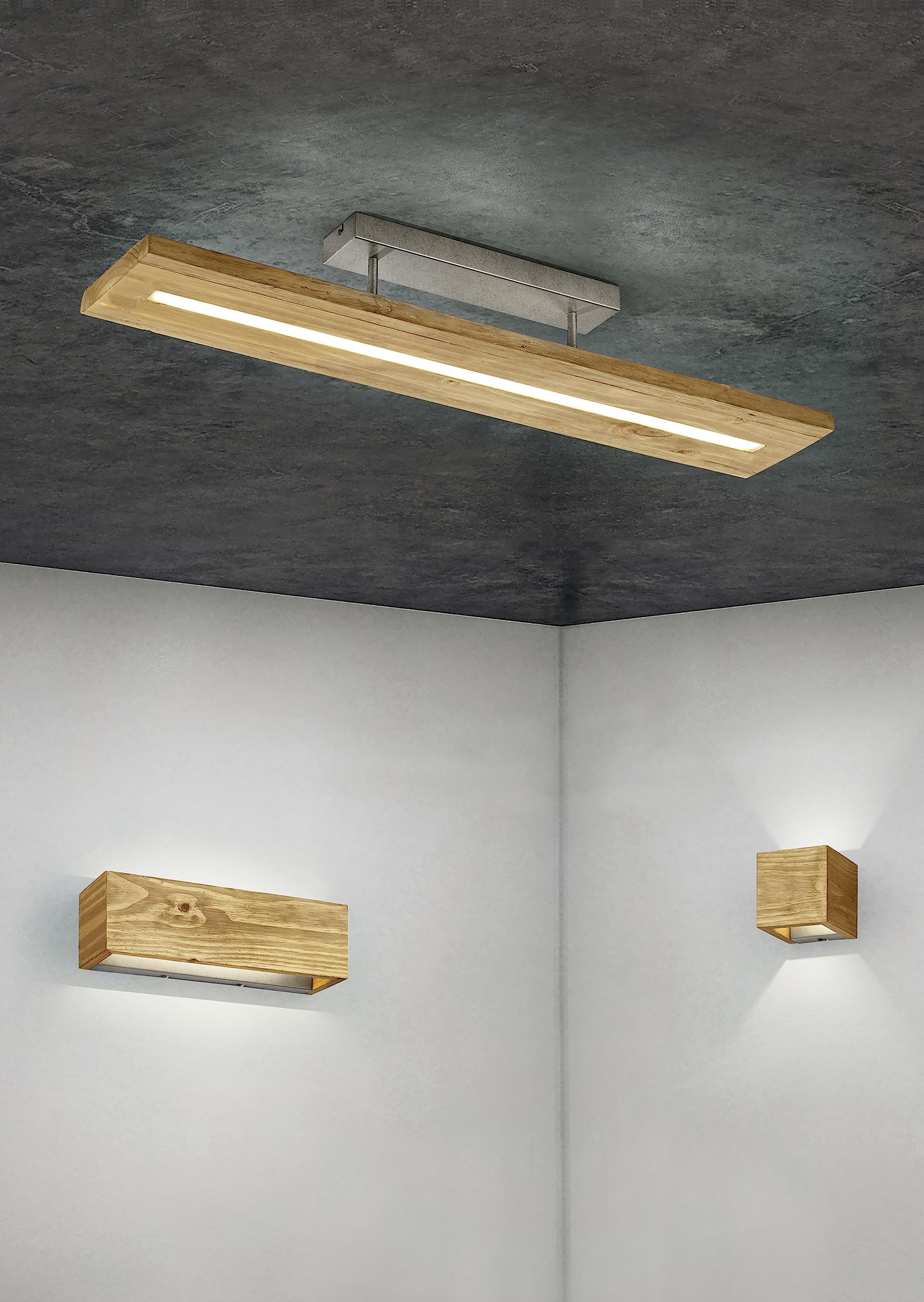 TRIO, Applique, Brad incl. 1 x LED,SMD,13,5 Watt,3000K,1500 Lm. Finitura: Legno naturale, color legno L:37,0cm, A:11,0cm, P:11,0cm Luce su e giù,Dimmerabile tramite interrutto,
