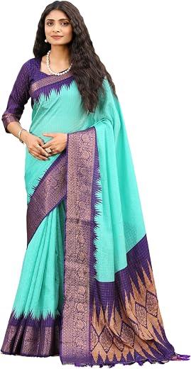MAFAZ STORE Sky Blue Chanderi Cotton Blend Saree for Women with Temple Border Digital Print, Checkered Woven Design &amp; Zari...