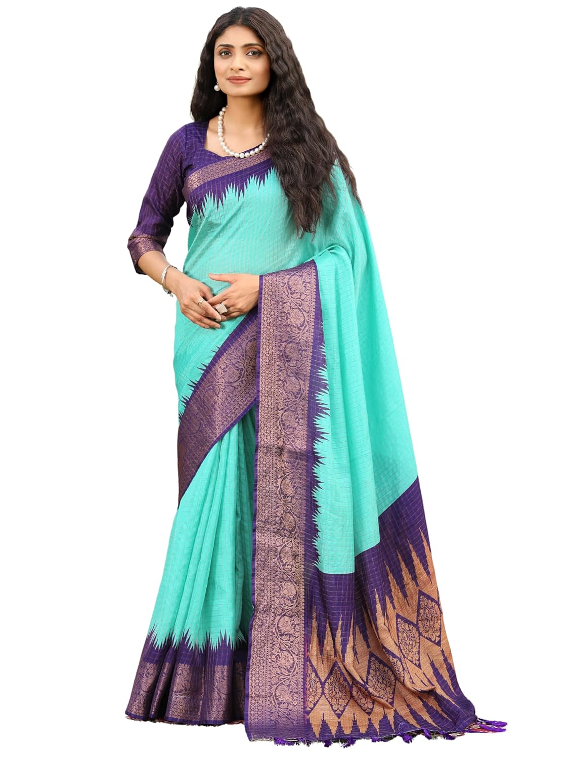 MAFAZ STORE Sky Blue Chanderi Cotton Blend Saree for Women with Temple Border Digital Print, Checkered Woven Design & Zari...