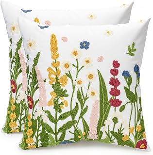 Emvency Embroidered Sage Green Wildflower Throw Pillow Covers 18x18 Set of 2 - Textured Floral Couch Sofa Bed Decor