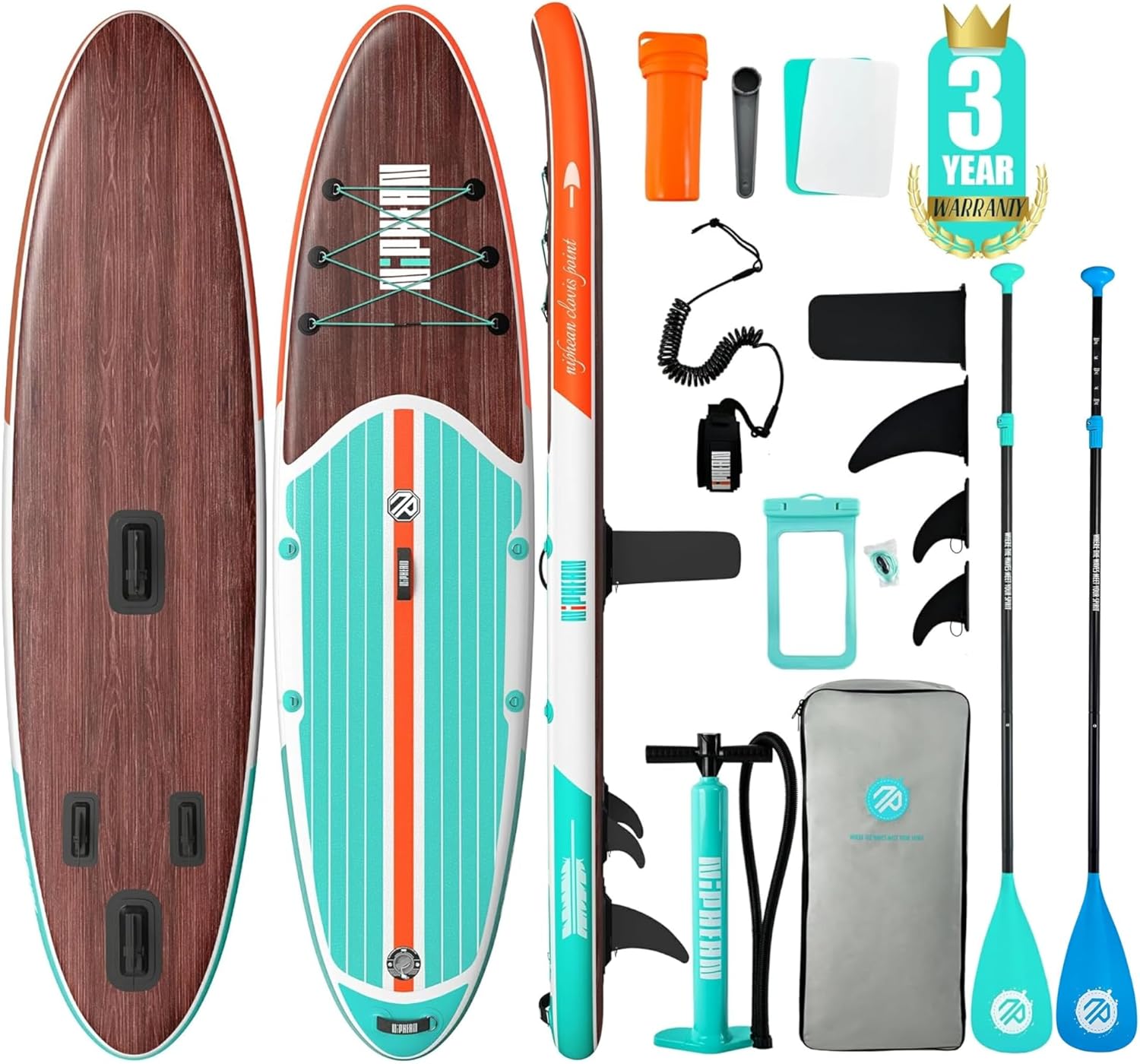 Niphean Inflatable Stand Up Paddle Board with 2 SUP Paddles (Green & Blue), Stabiltrac Fin Design and SUP Accessories, Anti-Slip EVA Deck, 10’6’’ Inflatable Paddle Boards