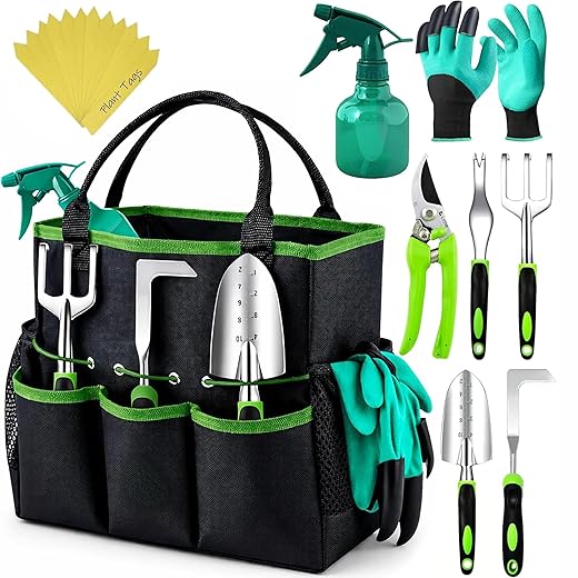 Heavy Duty Gardening Tools - Gardening Gifts for Women, Men, Mom, Dad - Durable, Ergonomic Garden Tools Set (Green)