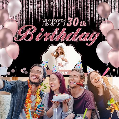 Miniatura 6 de Cartel de decoración de feliz cumpleaños número 30 de oro rosa, tamaño grande, personalización con nombre y foto compatible