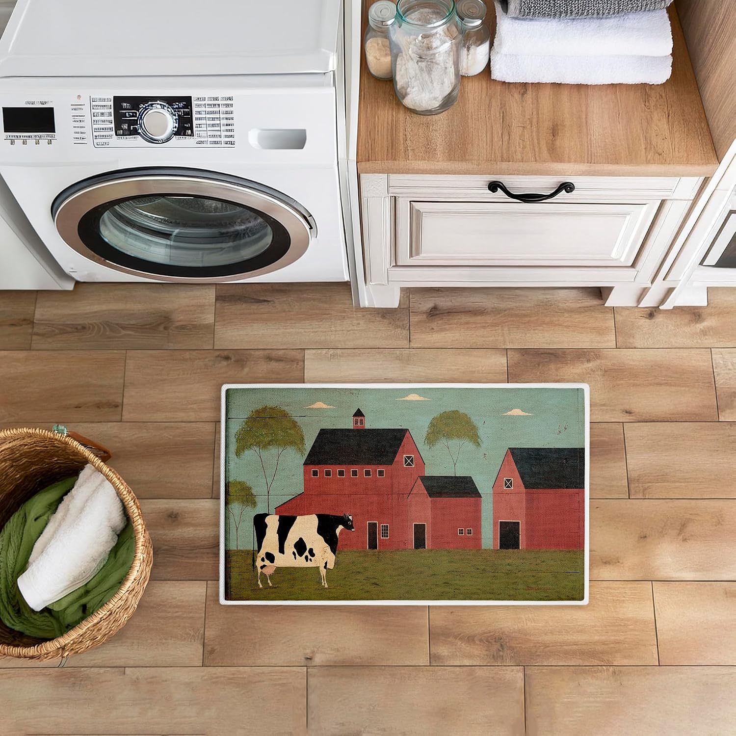Stupell Industries Nellies Barn Cow Plush Bathroom Mat & Bath Rug, Soft Quick-Dry Non-Slip Bathroom Rug with Recycled Foam Cushion, Farmhouse Country Animal Design by Warren Kimble, 18"x30"