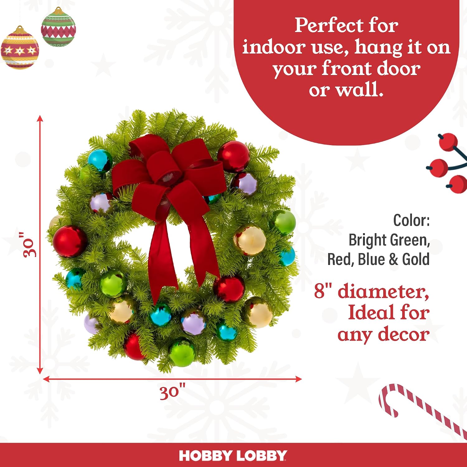 Bright Green Whimsical Christmas Wreath (30”) - Durable Plastic Christmas Reef w/Red Bow & Colorful Round Ornaments - Christmas Wreaths for Front Door, Wall or Mantel - Festive Holiday Decor