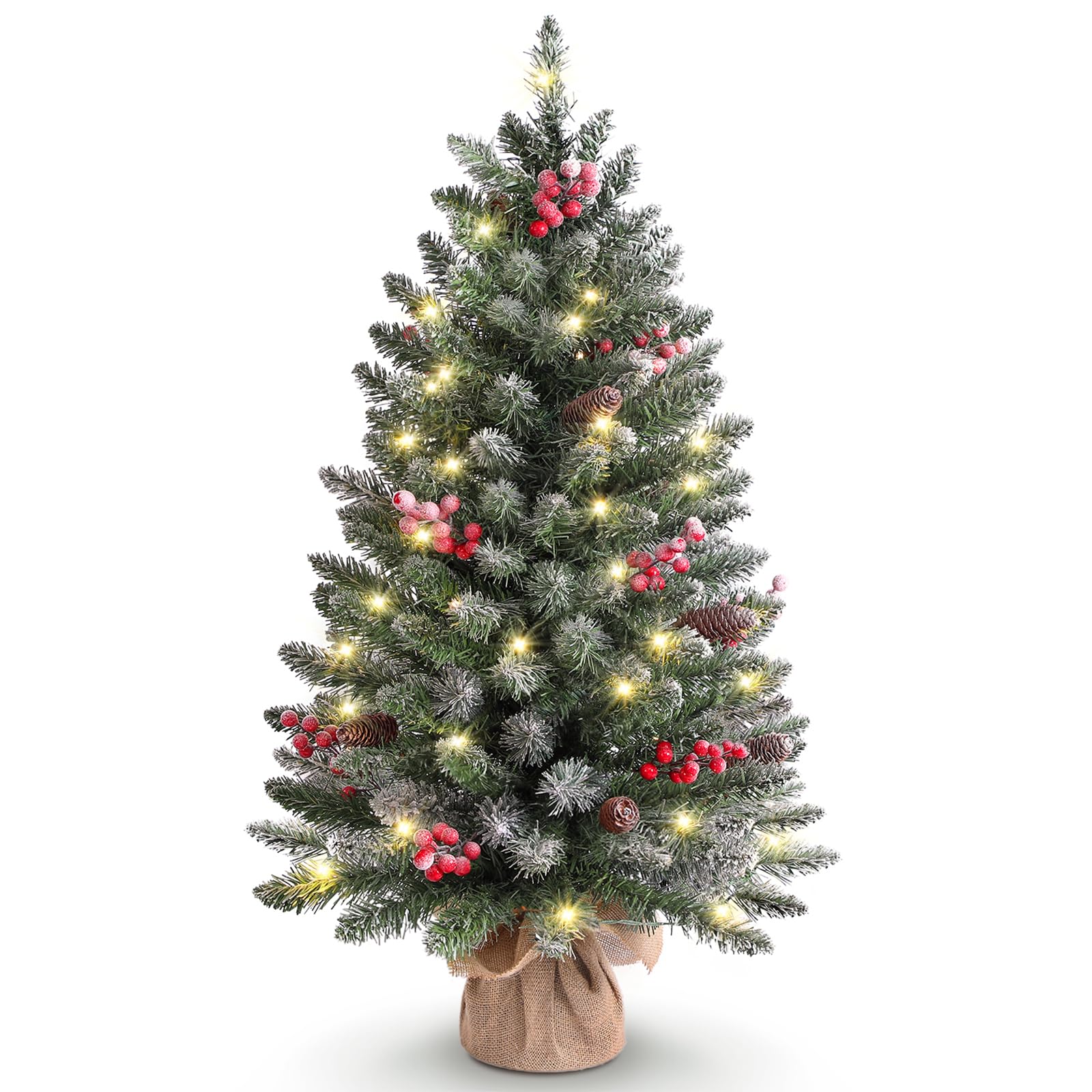HOKEEPER Sapin de Noël artificiel 90 cm avec LED et baies | Sapin de Noël artificiel avec pommes de pin, montage facile, support stable, festif