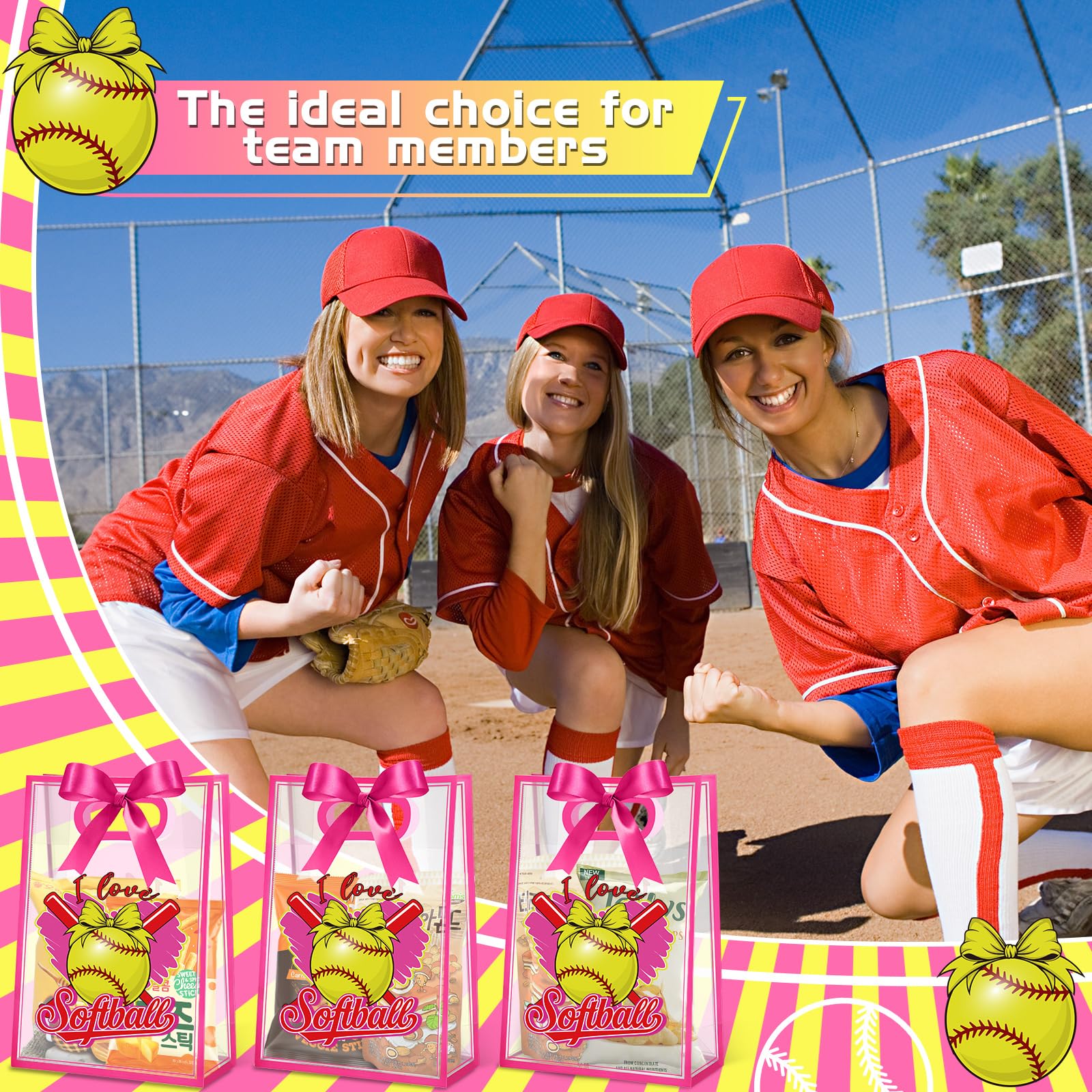 Aliceset 12 Pcs Softball Clear Goodie Bag with Die Cut Handles and Ribbons Sport Theme Party Favor Bags for Softball Team Snack Wrapping Teamer Gifts Birthday Party Treats Supplies, 7x10x3.15 Inch