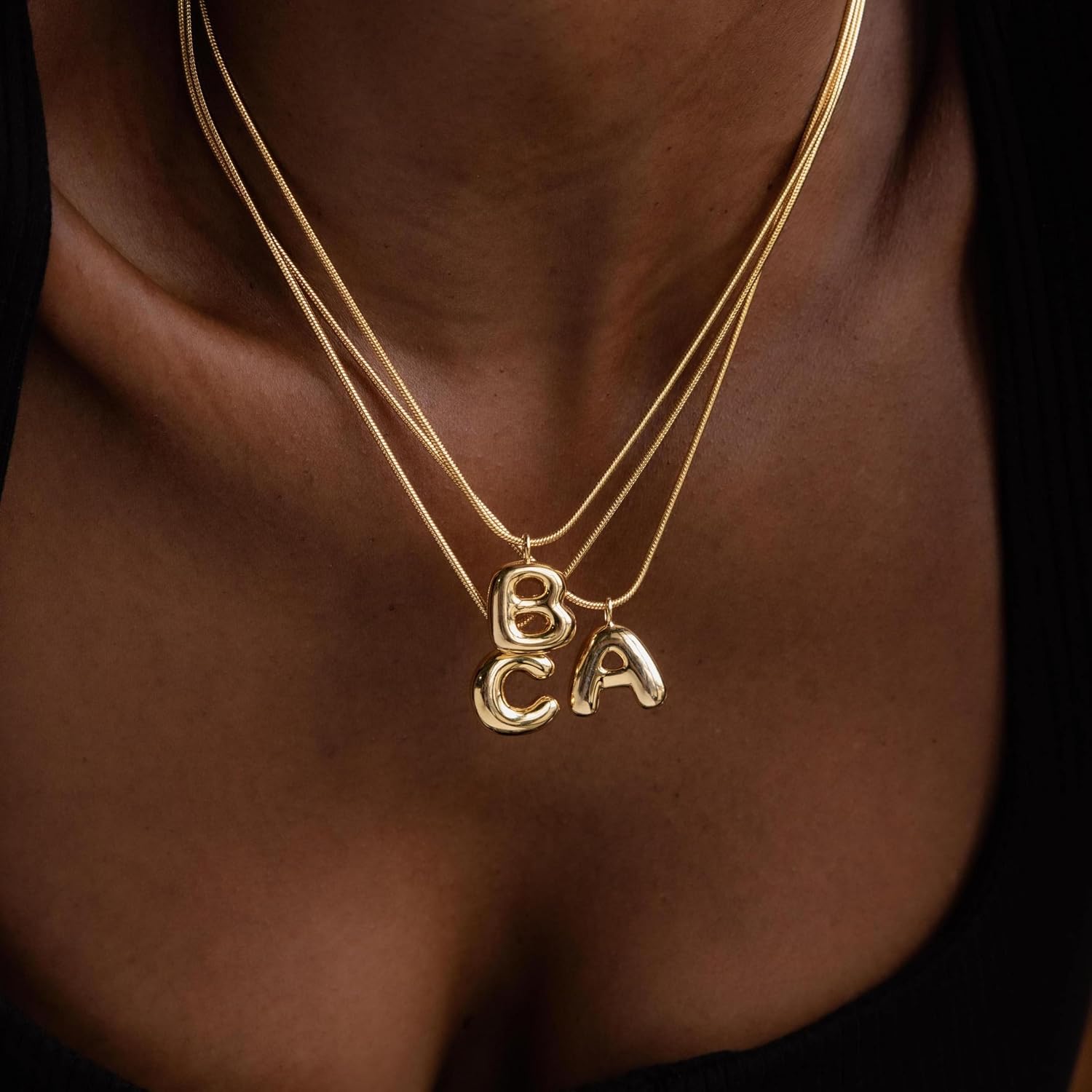 CAITLYNMINIMALIST 18K Gold Plated Bubble Balloon Initial Letter Snake Chain Stacking Personalized Necklace