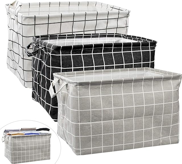 3Pcs Large Rectangular Canvas Storage Basket, Foldable Toy Organizer Bins with Handles, Waterproof Clothes Storage Box for Nursery Home Closet Office Organization, Shelf & Toy Basket (15x10x9.4 in)