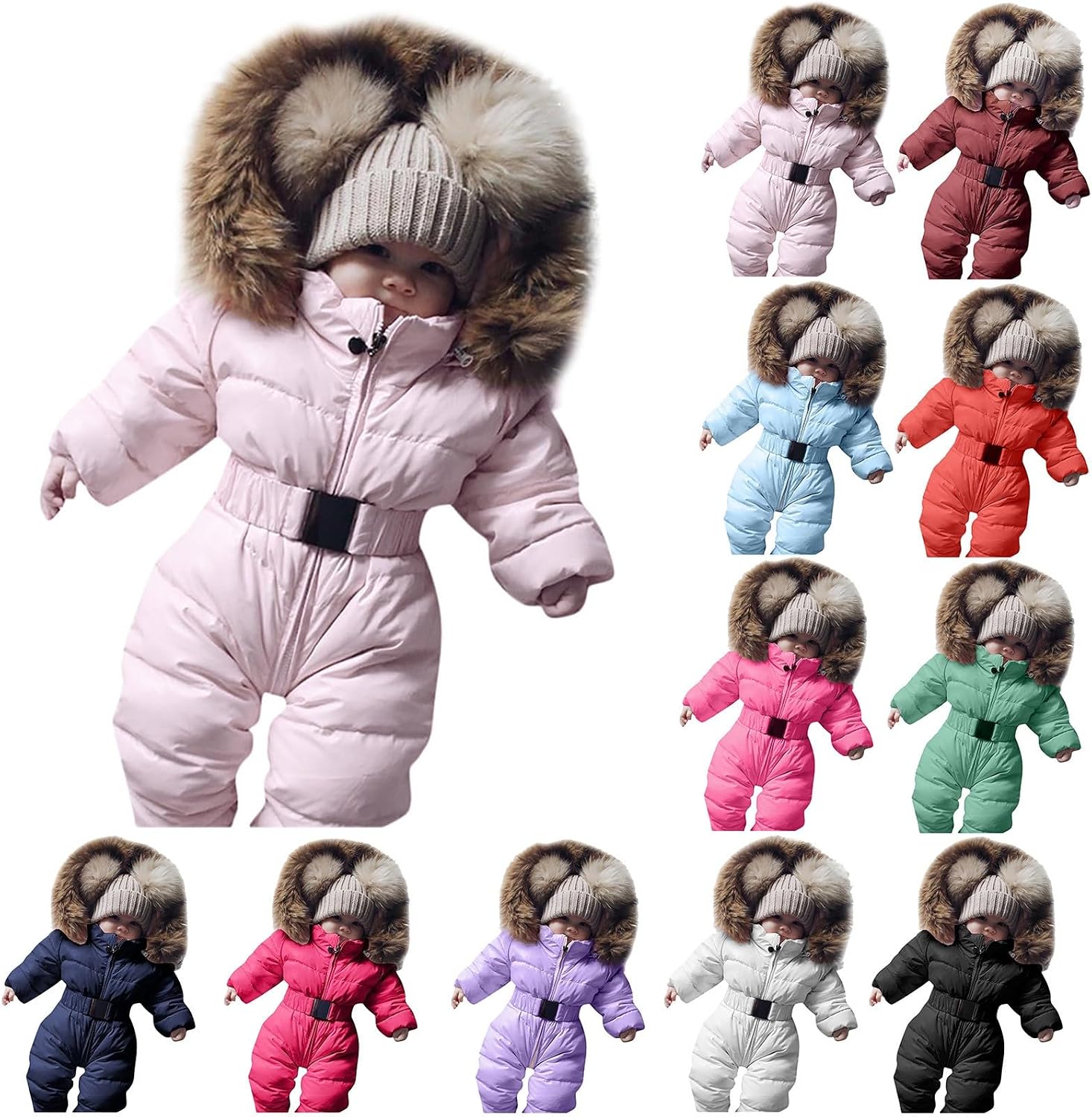 Cute Snowsuit Baby Boys Girls Puffer Hooded Jacket Insulated Ski Jumpsuit Winter One Piece Onesie Rompers Quilted Outerwear