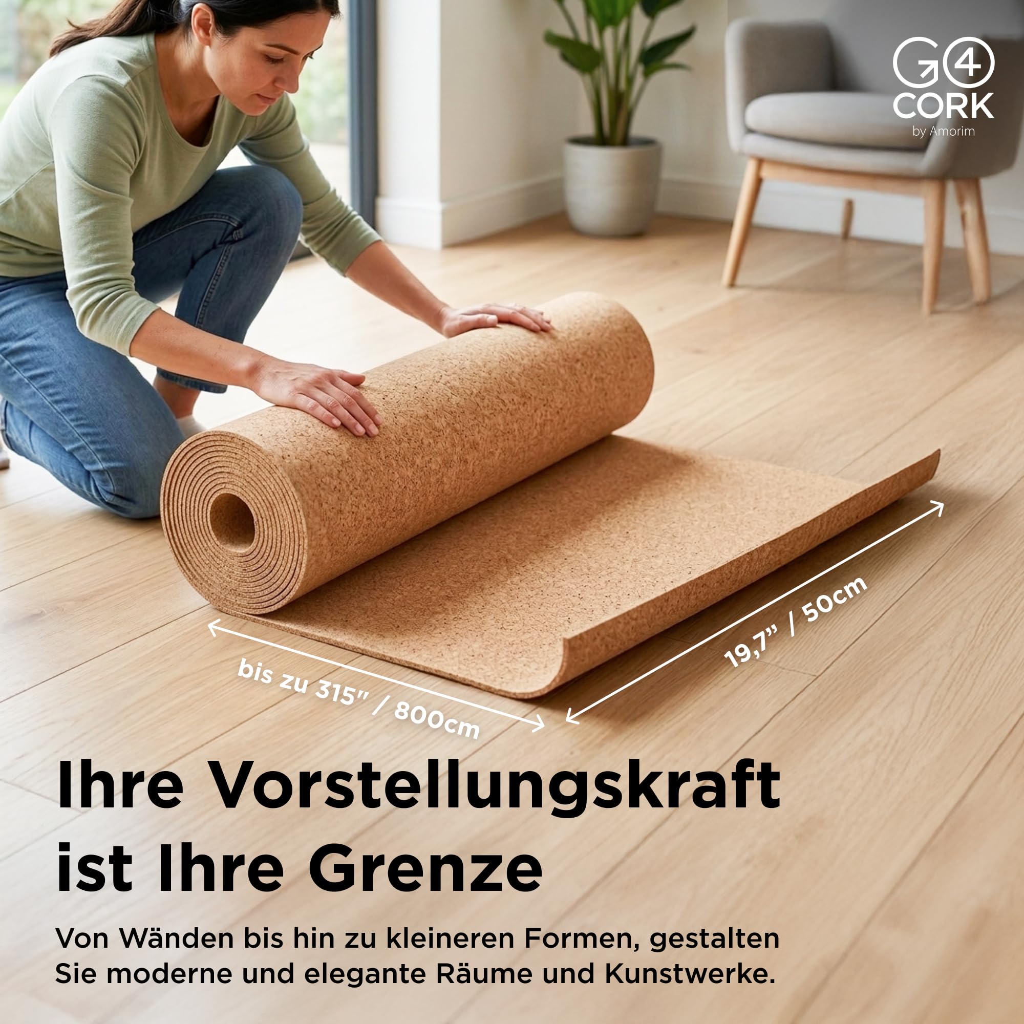 Go4Cork Extra große Korkrolle - 50 cm x 8 m | Doppelseitige Premium Öko- Kork Rolle | Vielseitig einsetzbar für Basteln & Zuhause, Klassenzimmer & Büro Deko | Rutschfest und leicht verwendbar