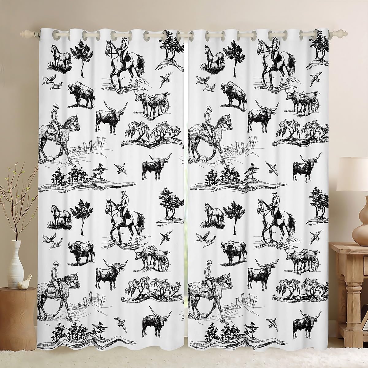 Western Cowboy Curtains for Kids Boys Girls Wild Horse Cow Animals Window Curtain Sketch Brown White Southwest Tribal Window Treatment Curtain Rustic Farmhouse Window Drapes,Top 2 Panel,42Wx63L