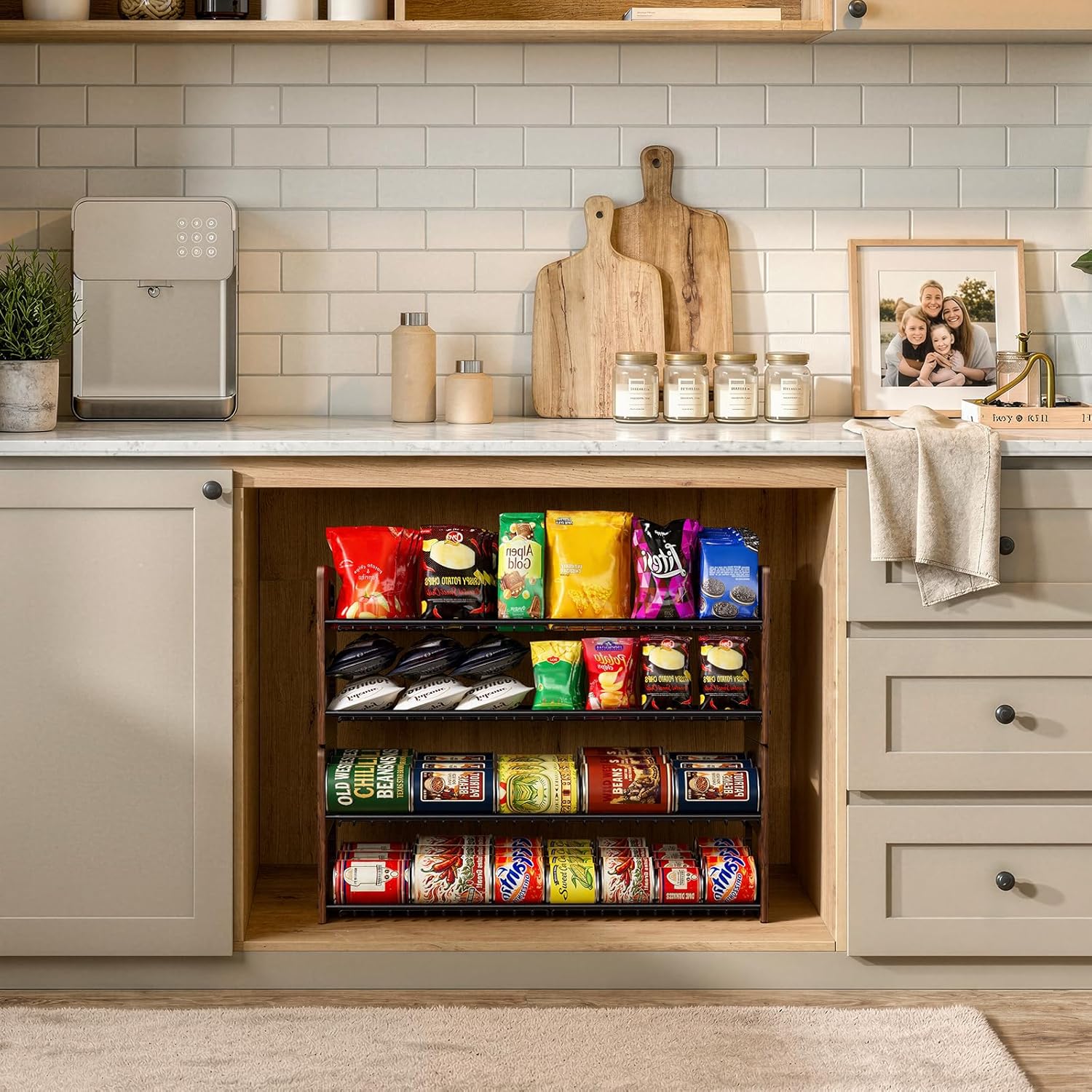 Stackable 2-Tier Can Organizer for Pantry, Space-Saving Pantry Organizer Holds up to 64 Canned Goods, Sturdy Black Shelf for Soup & Food Storage