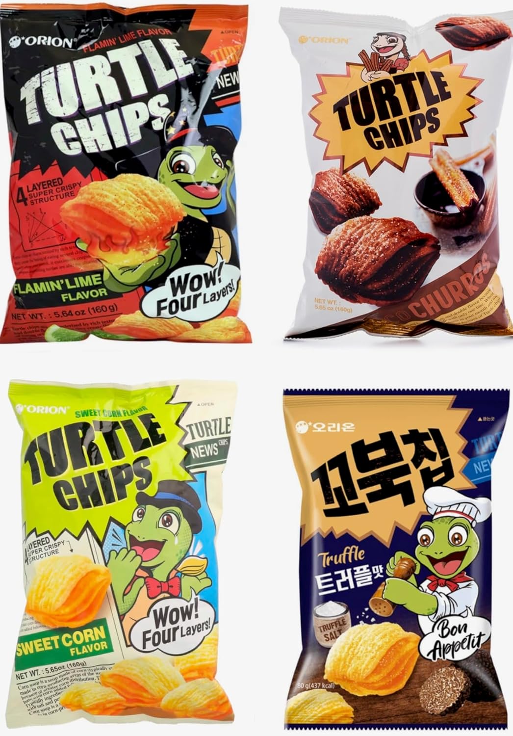 [Combo of 4 Big Packs] Orion Turtle Chips, Choco Churros/Sweet Corn/Truffle/Flamin Lime Flavor, Super Crunch, 5.64 oz