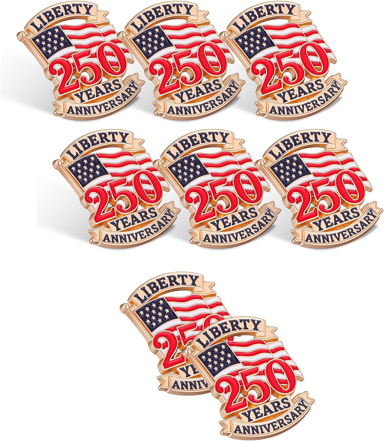 250 Years Anniversary Pins, 8 Pcs American Flag Lapel Pins, Metal USA Flag Anniversary Brooches, Patriotic Liberty Badge Independence Day Jewelry for Men Women