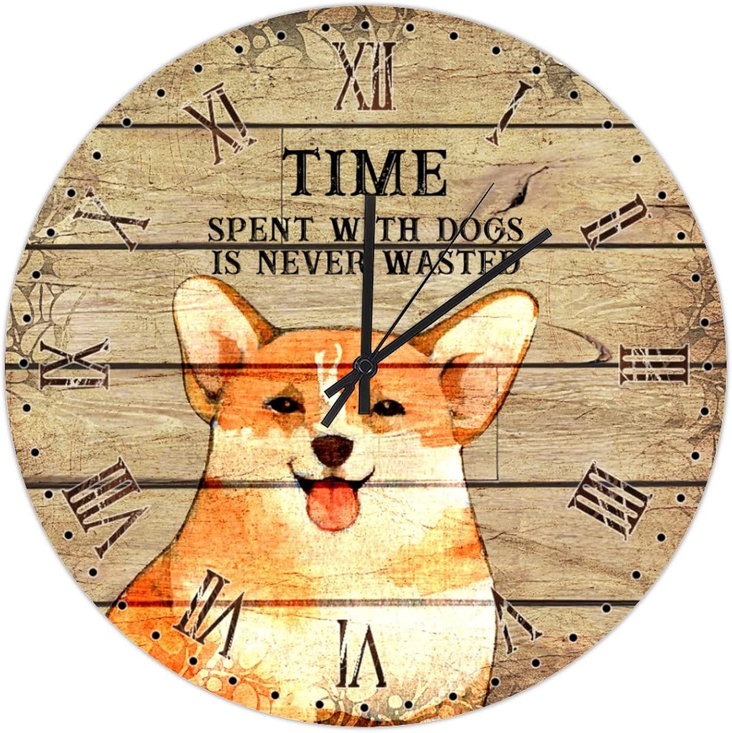 Cute Doggy Dog Owner Wall Clock 12in Roman Numerals Wooden Wall Clock Whisper Quiet Battery Operated Country Style Weddings Gift Popular Wall Decor for Bedroom Dessert Station Farmhouse