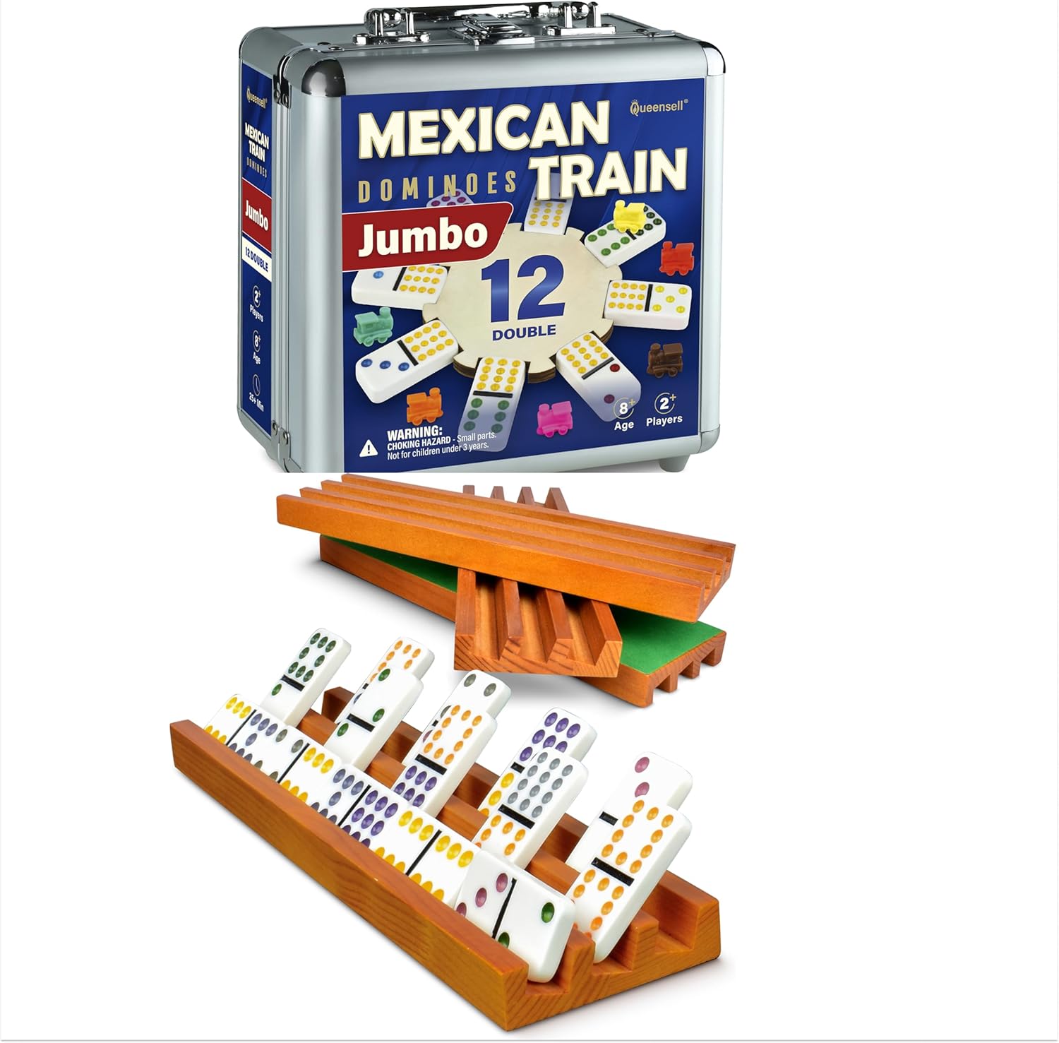 Queensell Jumbo Double 12 Dominoes Set + 4 Wooden Domino Racks