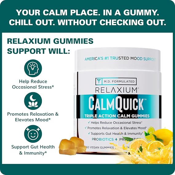 Relaxium Calm Gummies - Calm, Gut Health + Immune Support, Developed in the USA, with Vitamin B6, Magnesium, L-Theanine + Prebiotic & Probiotic Blend, Lemon Flavor, 60 Gummies