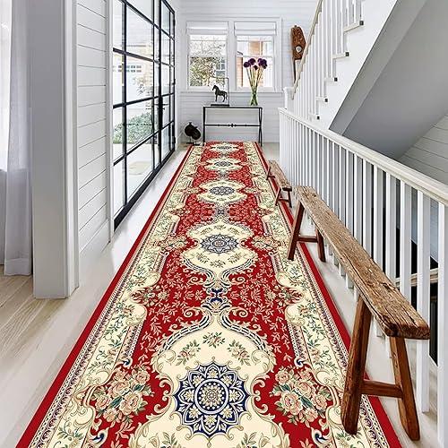 Alfombra roja para pasillo, alfombra tradicional estrecha para pasillo, entrada, escaleras, alfombra de área antideslizante, 6.6 pies, 13 pies, 16