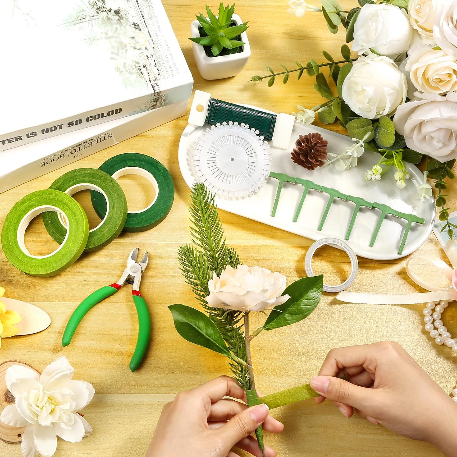Green Floral Tape and Wire Kit for Bouquets Professional Florist Supplies