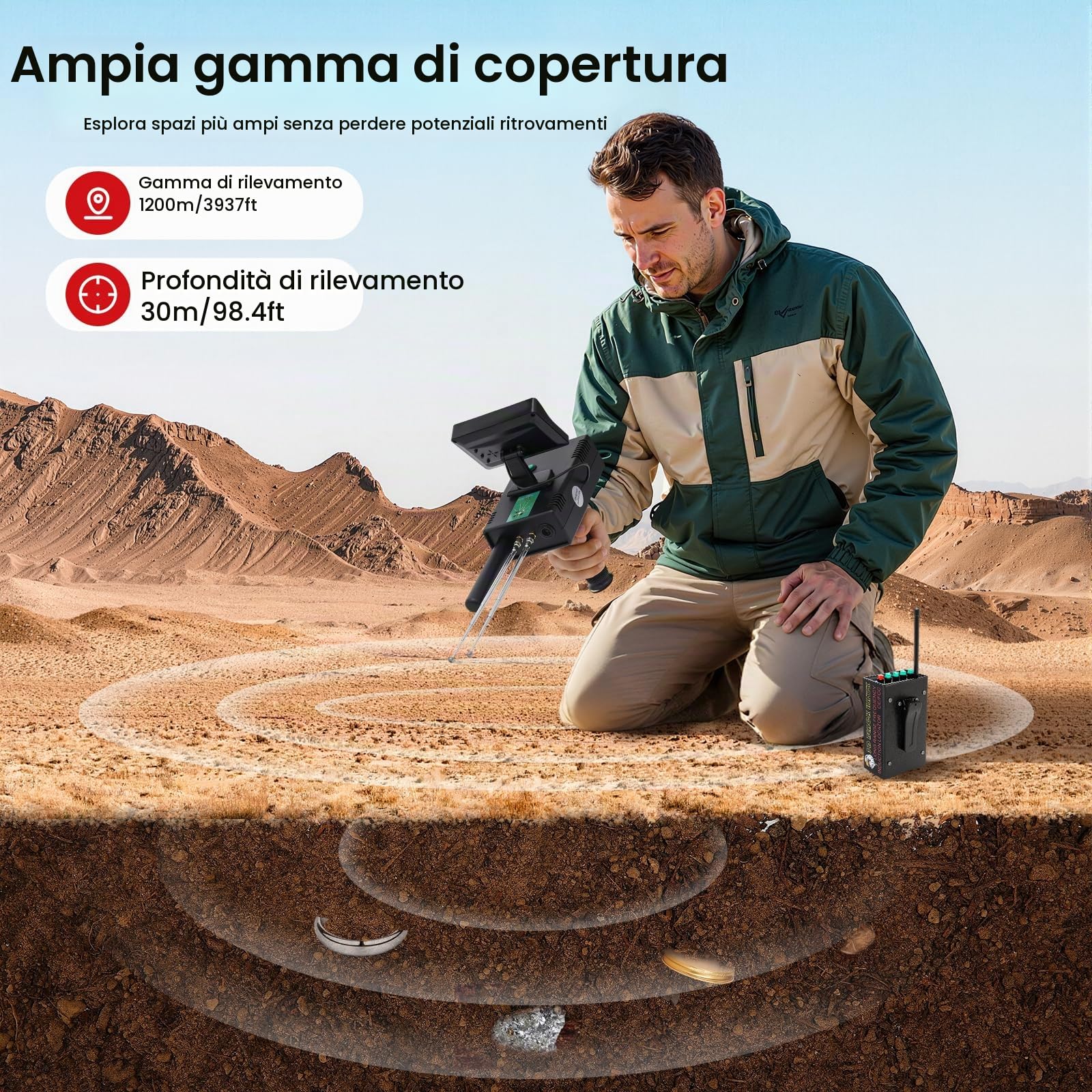 Rivelatore portatile in metallo dorato, 3D, campo di ricerca, 1200 m, profondità di rilevamento 30 m, indicatore LED ad alta precisione professionale (oro, argento, rame, diamante)