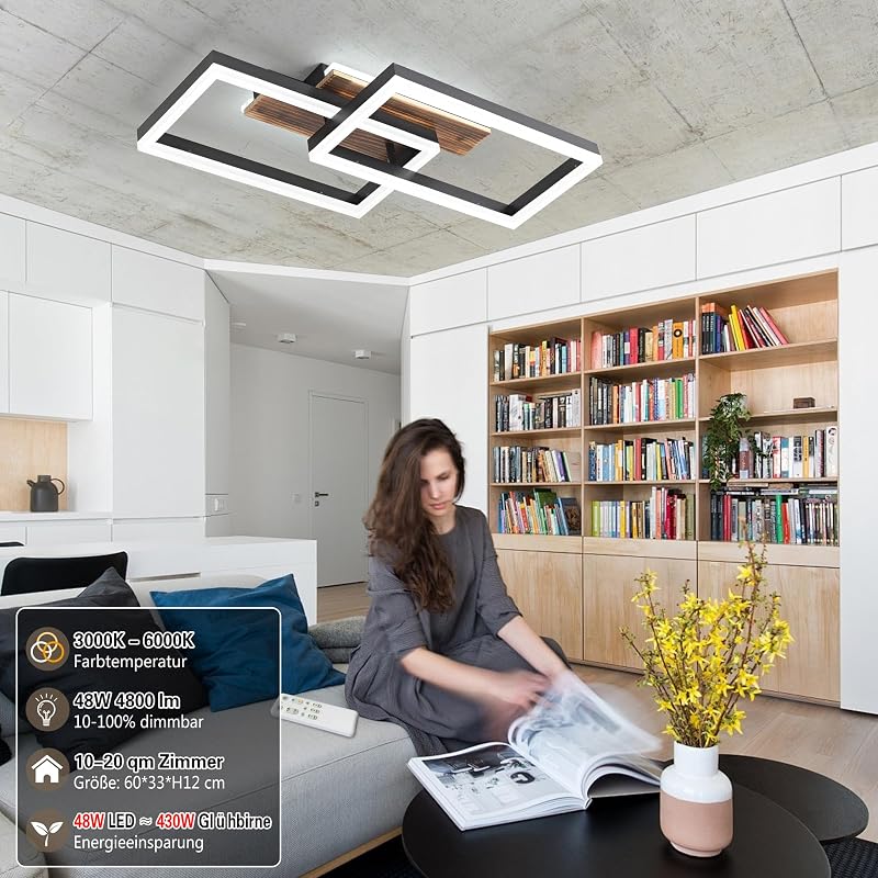 SEATAIN Fa Mennyezeti Lámpa - Fekete Téglalap 48W LED, Távirányítós, Fényerőszabályozható, 3000K-6000K, 4800lm, Éjszakai Fény Funkcióval
