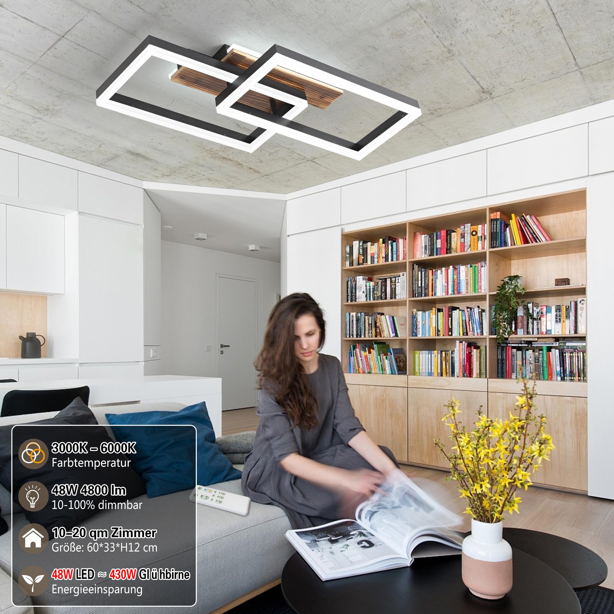 Plafoniera LED Soffitto legno dimmerabile, Vintage plafoniera Camera da Letto, Plafoniere rettangolare nera con telecomando, 48W 60cm 4800lm 3000K-6000K, Funzione di memoria, Luce notturna da 4W