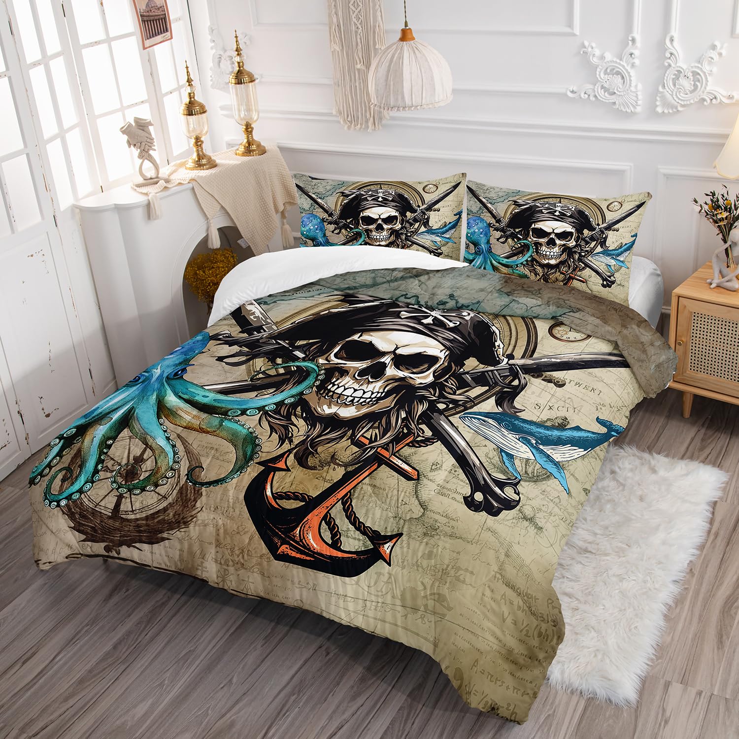 AILONEN 3D Pirate Captain Skull Comforter Set Twin Size, Octopus Dolphin Bedding Set for Kids Boys Girls,Nautical Theme Bed in a Bag Duvet Set,1 Quilt and 2 Pillowcases,3PCS