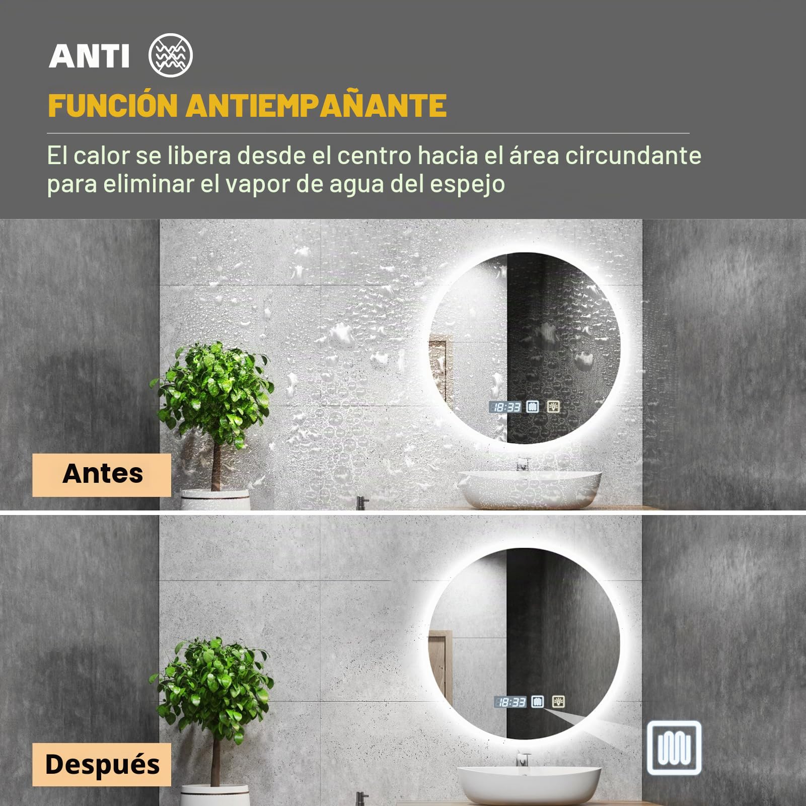 600 x 600mm Espejo de Baño con Iluminación Regulable 3000K 4500K 6500K | Tiempo Interruptor Táctil Función Antivaho IP44 Impermeable con Luz para Hotel Hogar Forma de Redondo