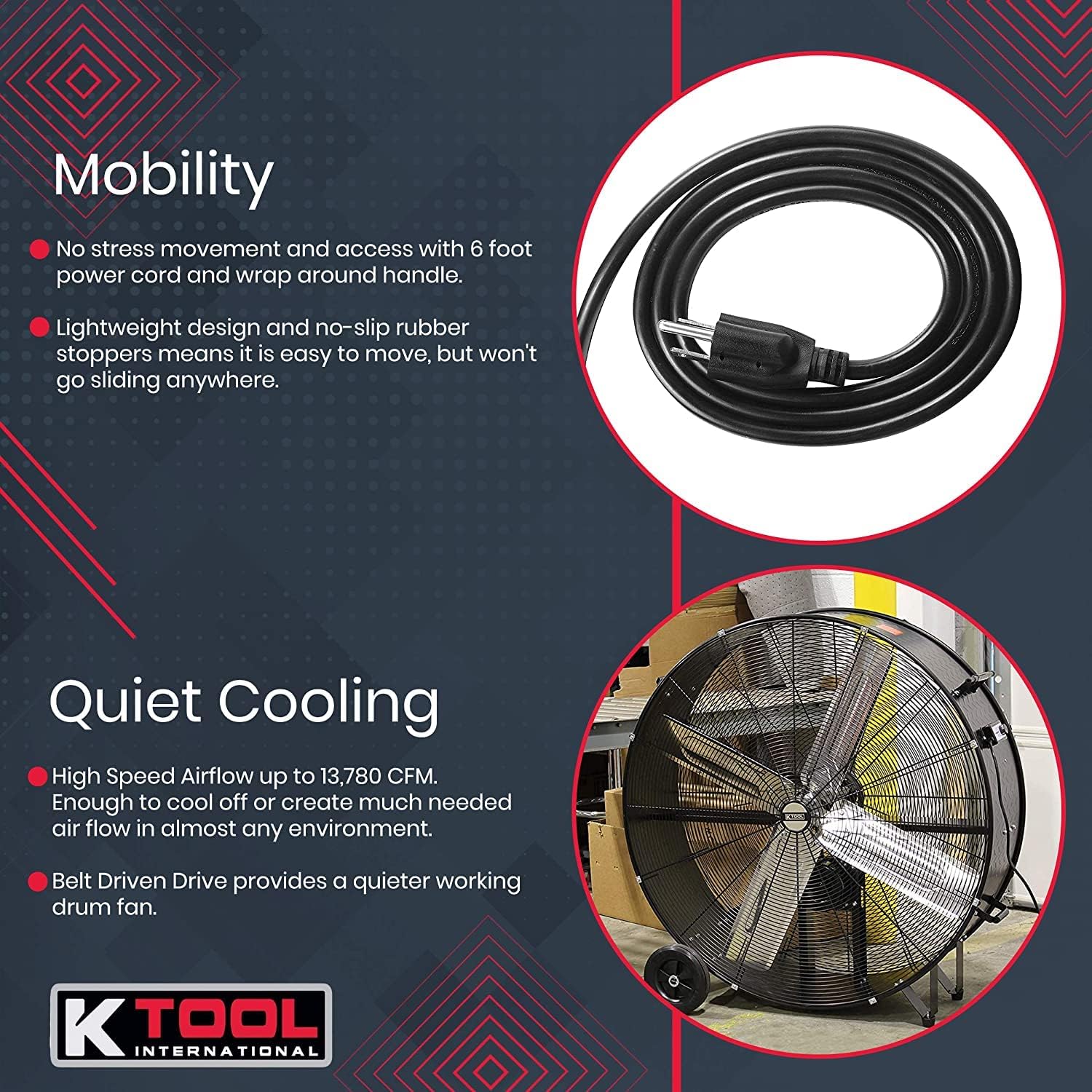 K Tool International 77742 42” Belt Drive Drum Fan with 8” Wheels, High-velocity, 2-Speed, Cut-off Protection, 14,800 Max CFM, cUL listed, Used in Warehouses, Shops, Greenhouses, Barns, Gyms, Black