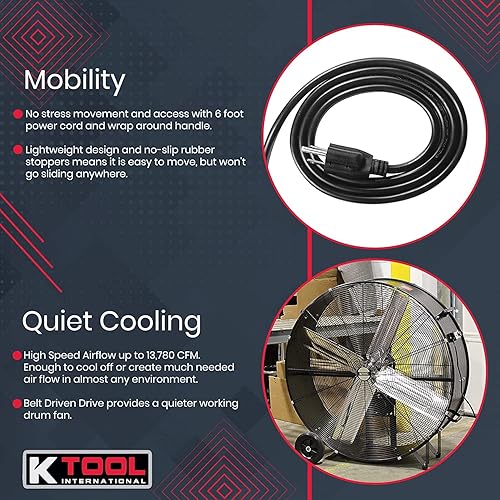 Miniatura 3 de K Tool International 77742 Ventilador de tambor de transmisión por correa de 42 pulgadas con ruedas de 8 pulgadas, alta velocidad, 2 velocidades,