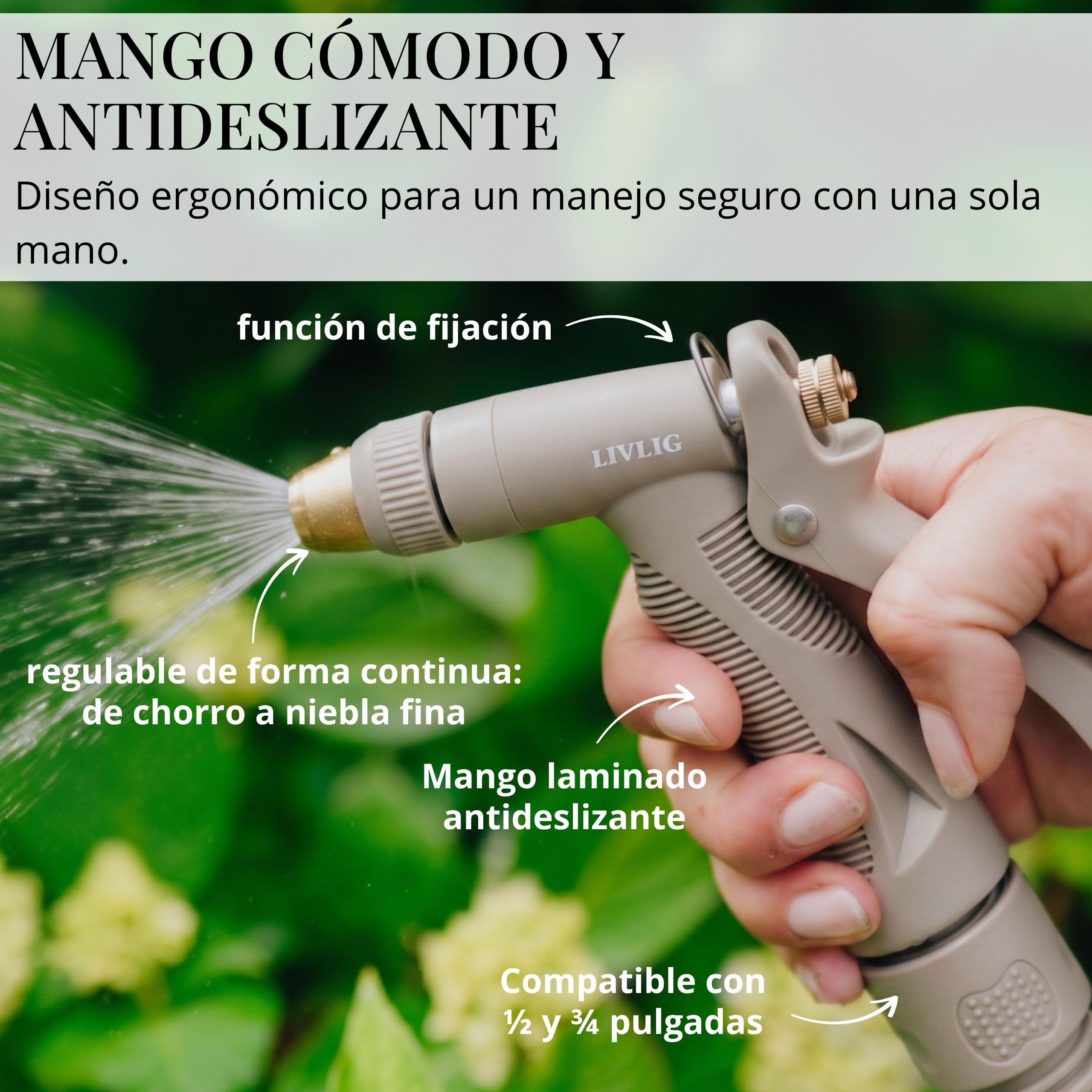 LIVLIG Pistola de riego Premium en set completo – boquilla robusta para limpiar y regar, con conectores 1/2", cuerpo de plástico y latón, control con una mano y bloqueo fijo – Beige (Beige)
