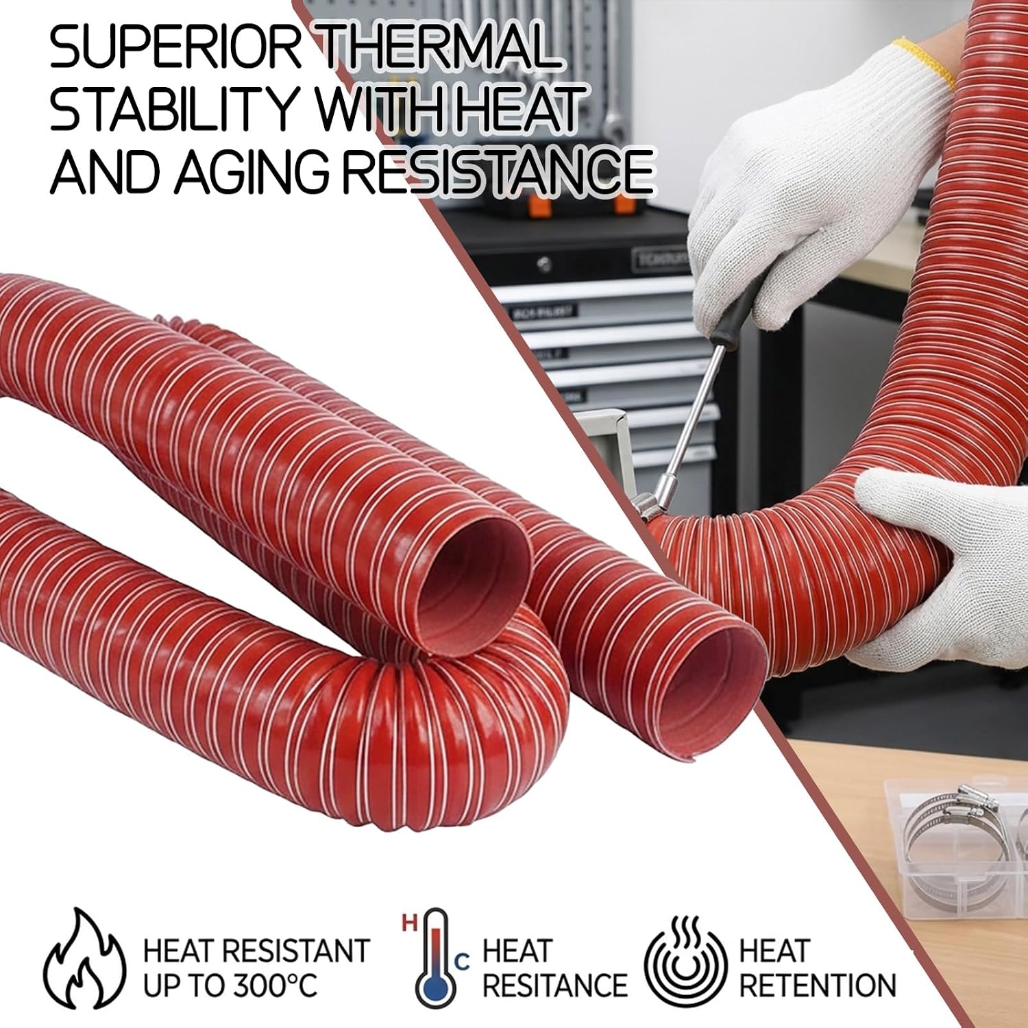 3" x 10ft Air Duct, Silicone High Heat Flexible Cooling Ducting, Brake Induction Intake Exhaust Hose, with 4 Pcs Clamps, 1 Pcs Gloves, for Ventilation Dryer System (Red)
