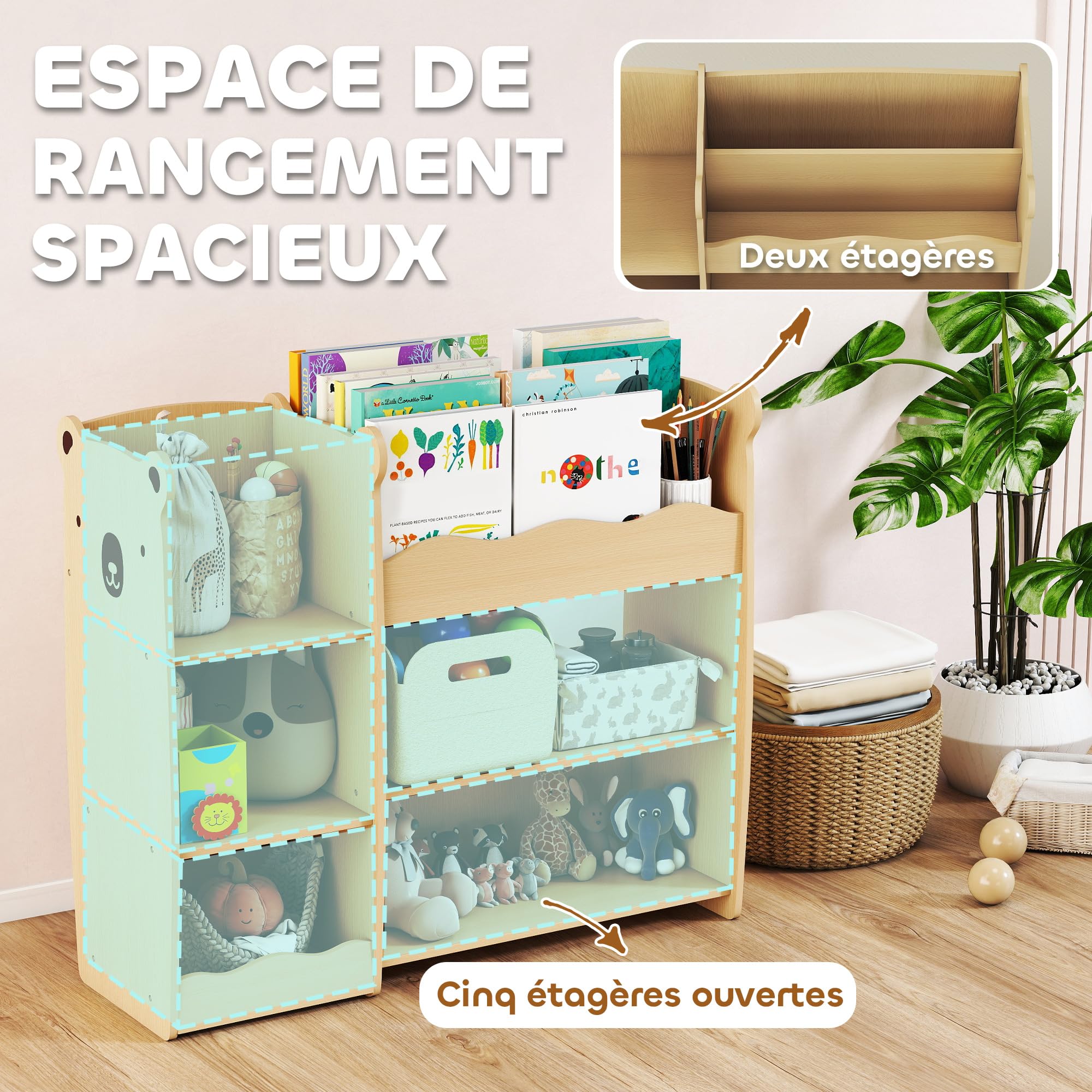 AIYAPLAY Meuble Rangement Enfant à 3 Niveaux, étagère de Rangement pour Jouets Enfants avec étagères Ouvertes, pour Chambre, crèche, Salle de Jeux, Bois Naturel