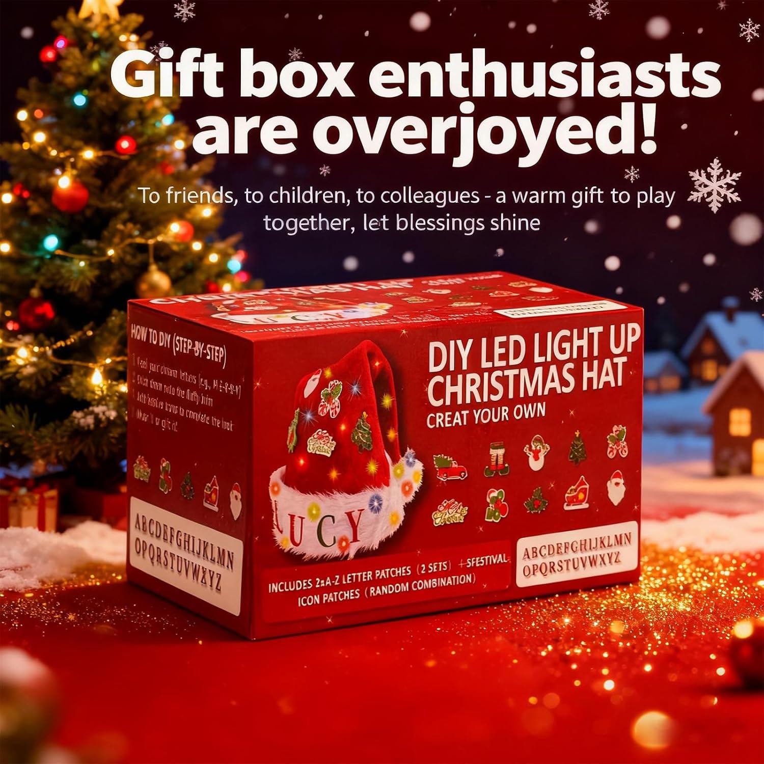 Light Up Santa Hat Led Lighted Christmas Hats | with DIY Stickers Funny Xmas New Year Party, for Women Men Adult