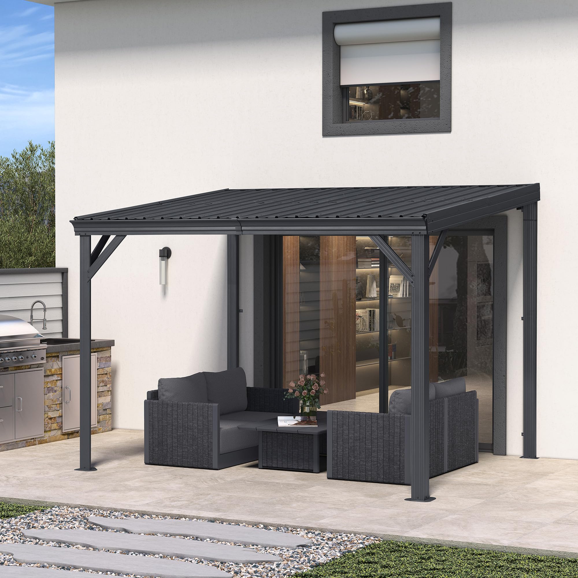 PURPLE LEAF 8x10 Lean-to Gazebo assembled and attached to a house