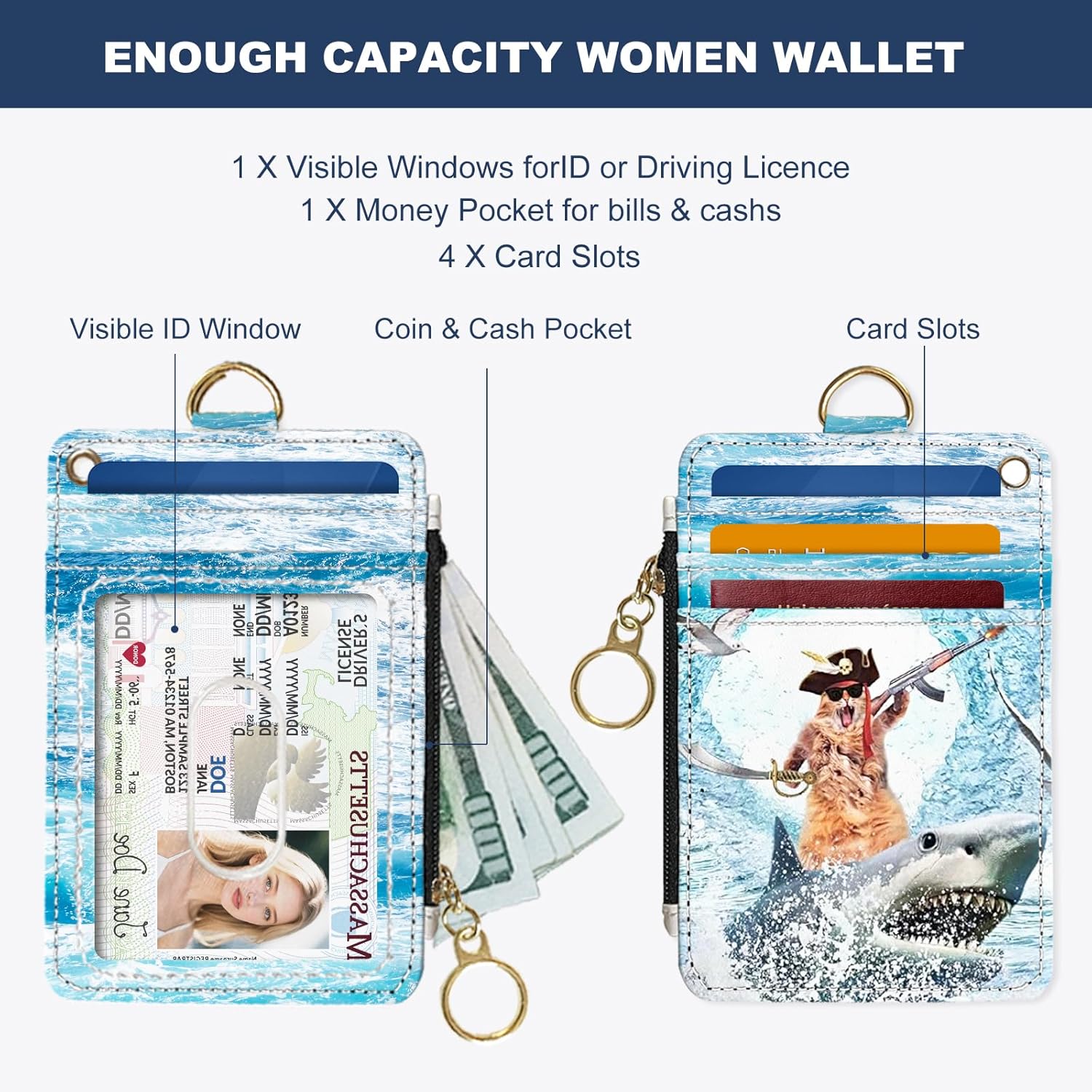 Slim Wallet Credit Card Holder, Sharks and Cats, RFID Wallet Women Cute Small Front Pocket Wallet With Zipper, PU Leather Thin travel RFID Blocking Card Case ID Window,Ladies Gifts - Image 2