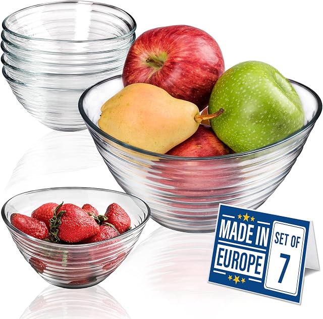 Volarium Premium Glass Dessert Bowls 6 x 300ml, 1 x 2000ml Glass Serving Bowl, 100% Lead Free Glass Salad Bowls, Glass Mixing Bowls, Prawn Bowl, Side Salad Bowls, Glass Trifle Bowls