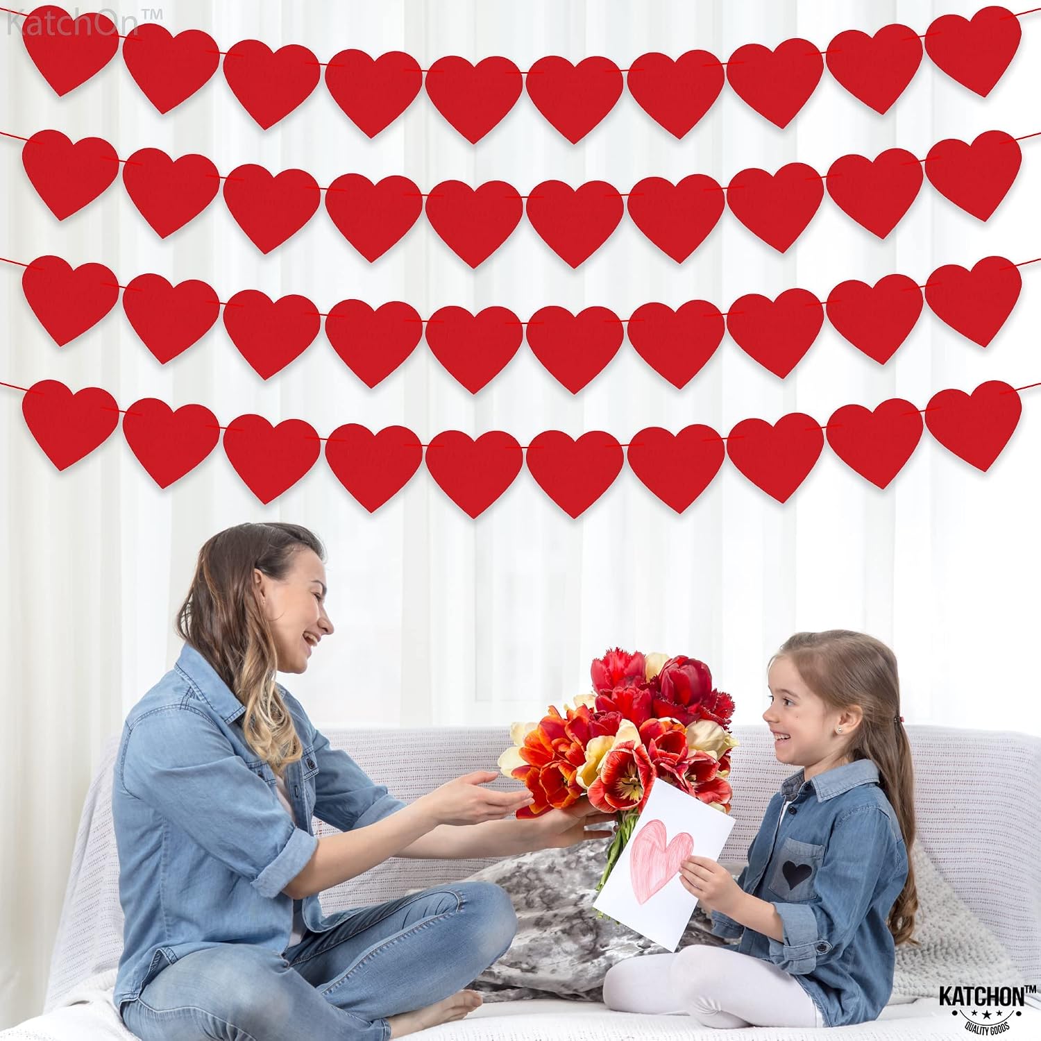 KatchOn, Pack of 40 Felt Red Heart Garland for Valentines Day Decorations, No DIY | Valentines Garland for Proposal Decorations | Valentines Decor, Wedding Decorations | Romantic Night Decorations