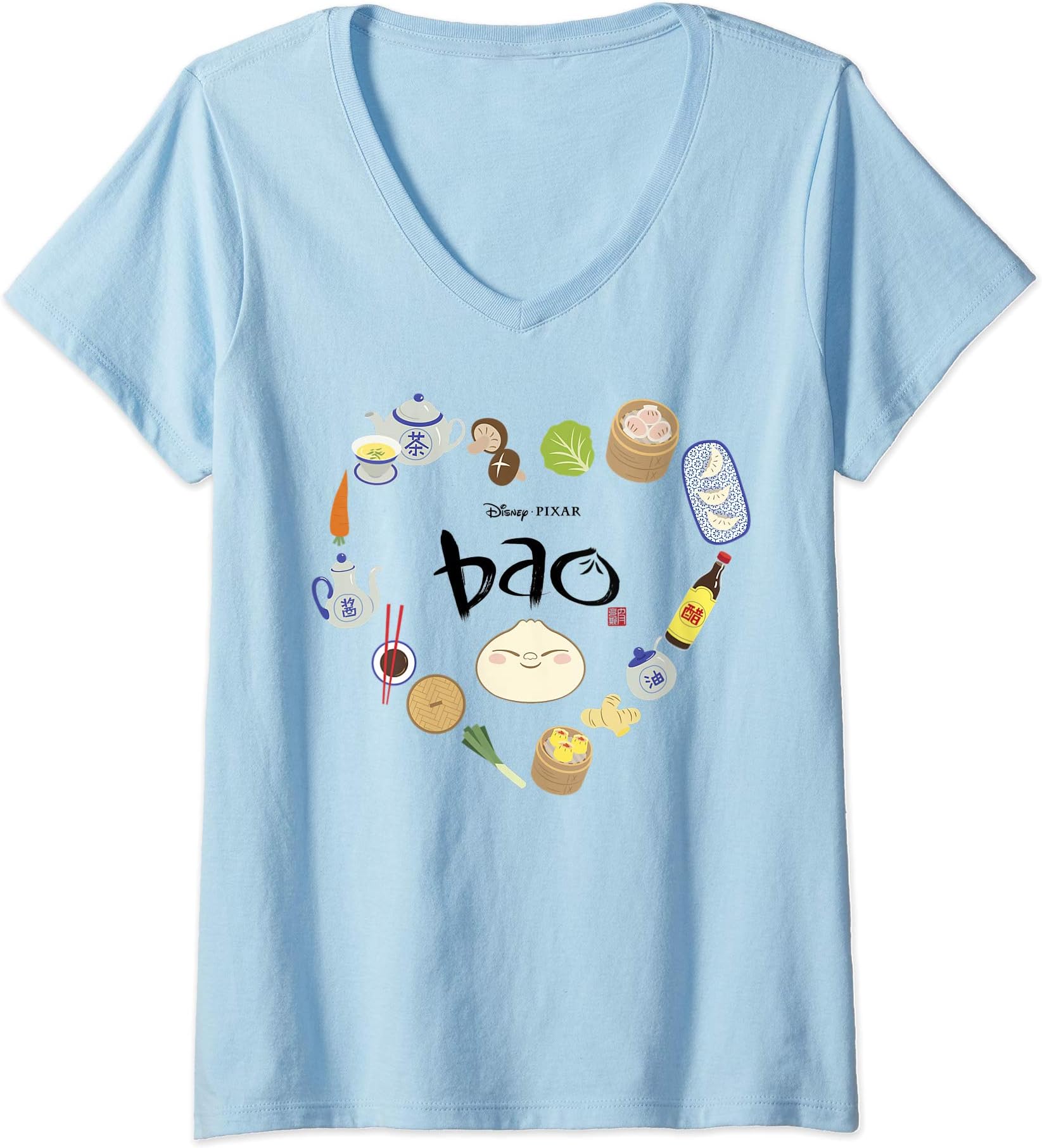 Womens Disney Pixar Bao Loves Food V-Neck T-Shirt