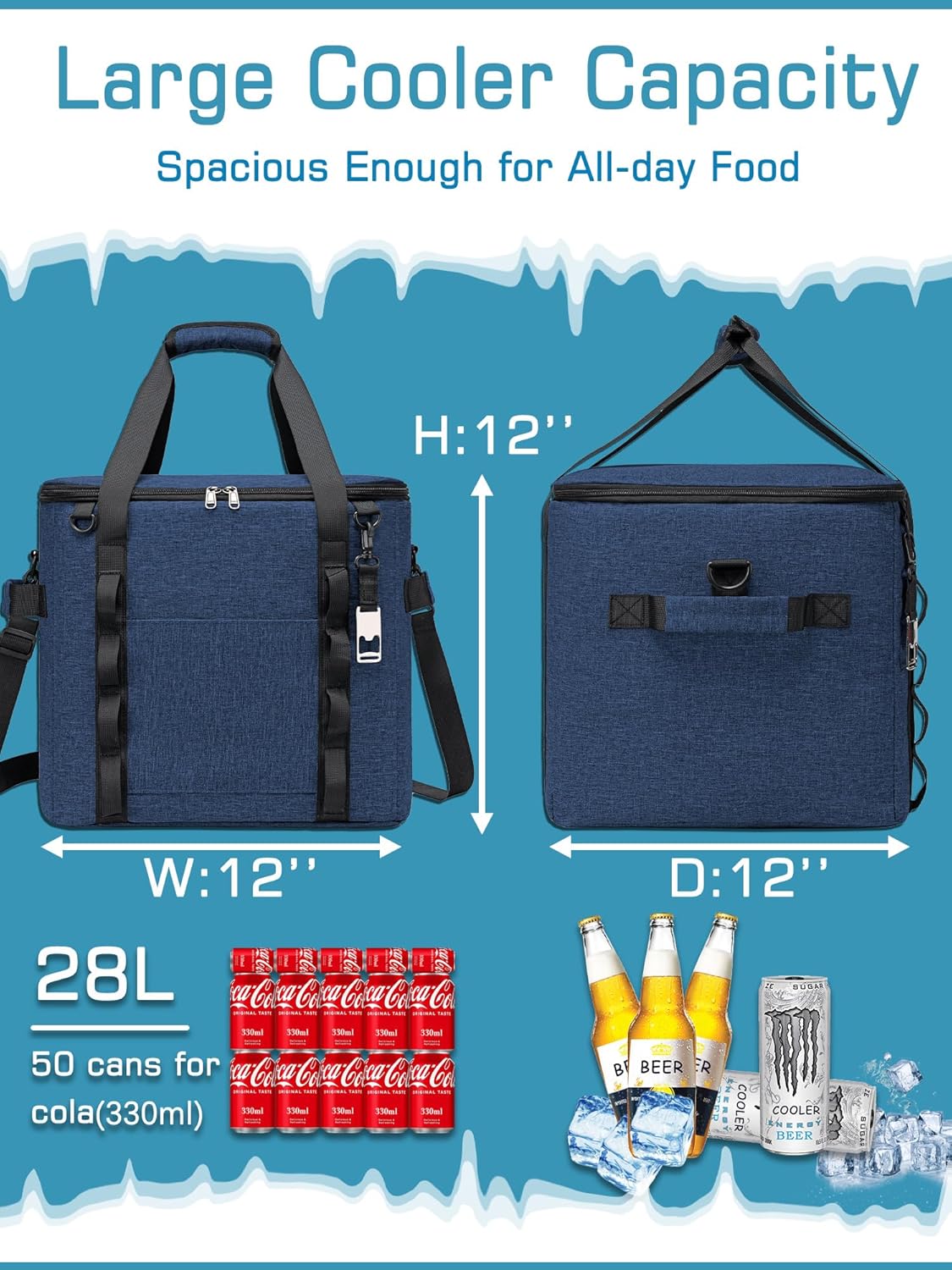 Insulated Soft Cooler Bag 12"x12"x12" Large Leakproof Soft Sided Ice Chest for Travel Beach Camping, 50 Cans Portable Cooler Box for Grocery Shopping, Road Trips